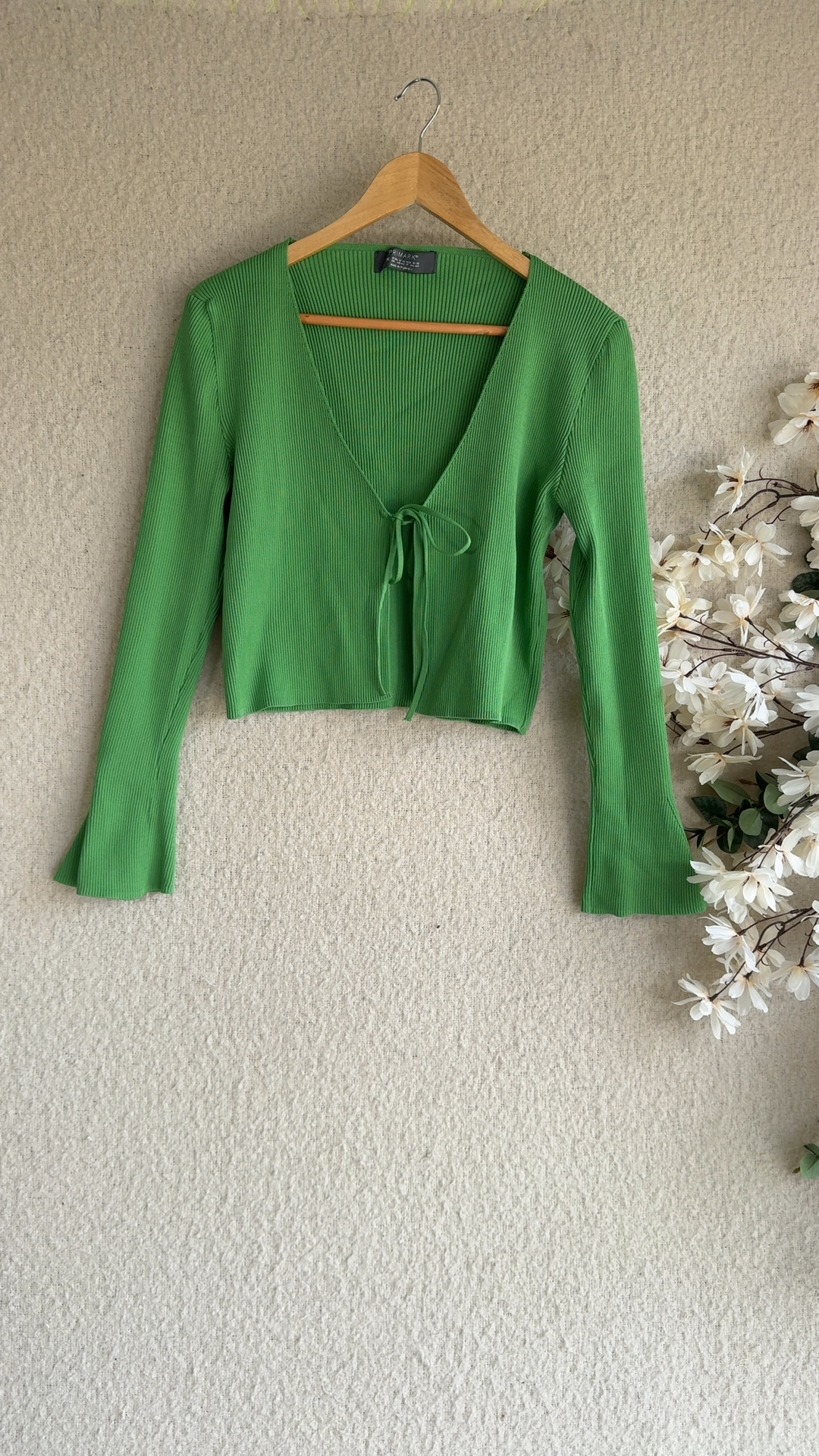 Primark Green Rib Knit Long Sleeve Top Medium UK 12-14 Flared Sleeve