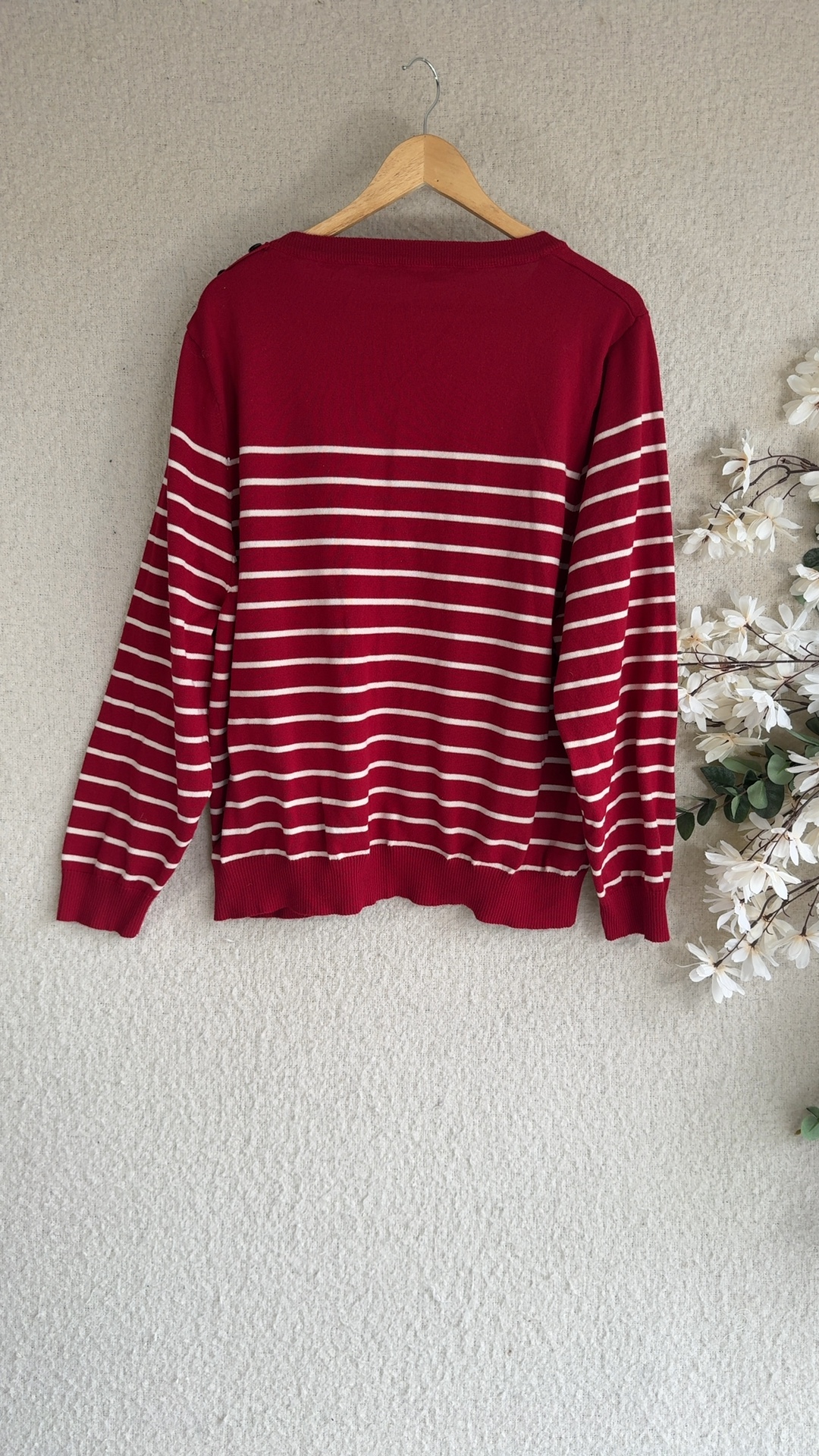 Sisley Red & White Striped Knit Jumper UK Medium Shoulder Button Detail image 3