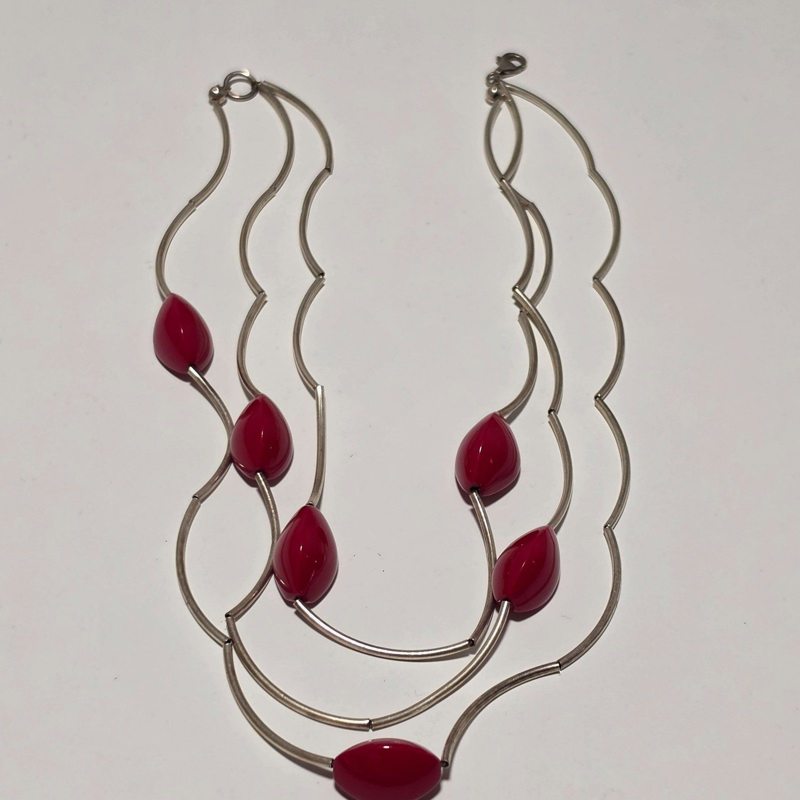 925 Red Bead Silver-tone Multi-strand Necklace .b6