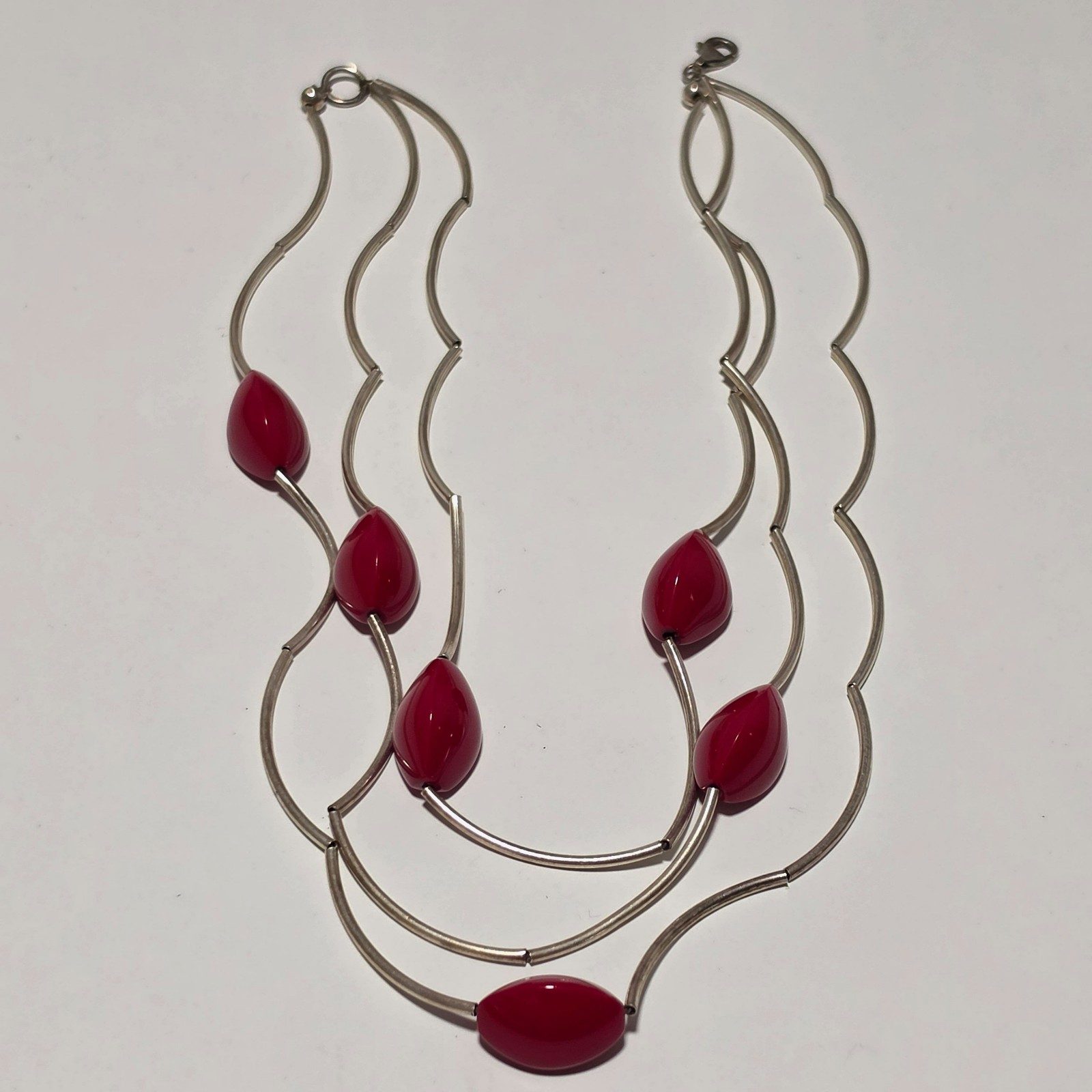 925 Red Bead Silver-tone Multi-strand Necklace .b6 image 2