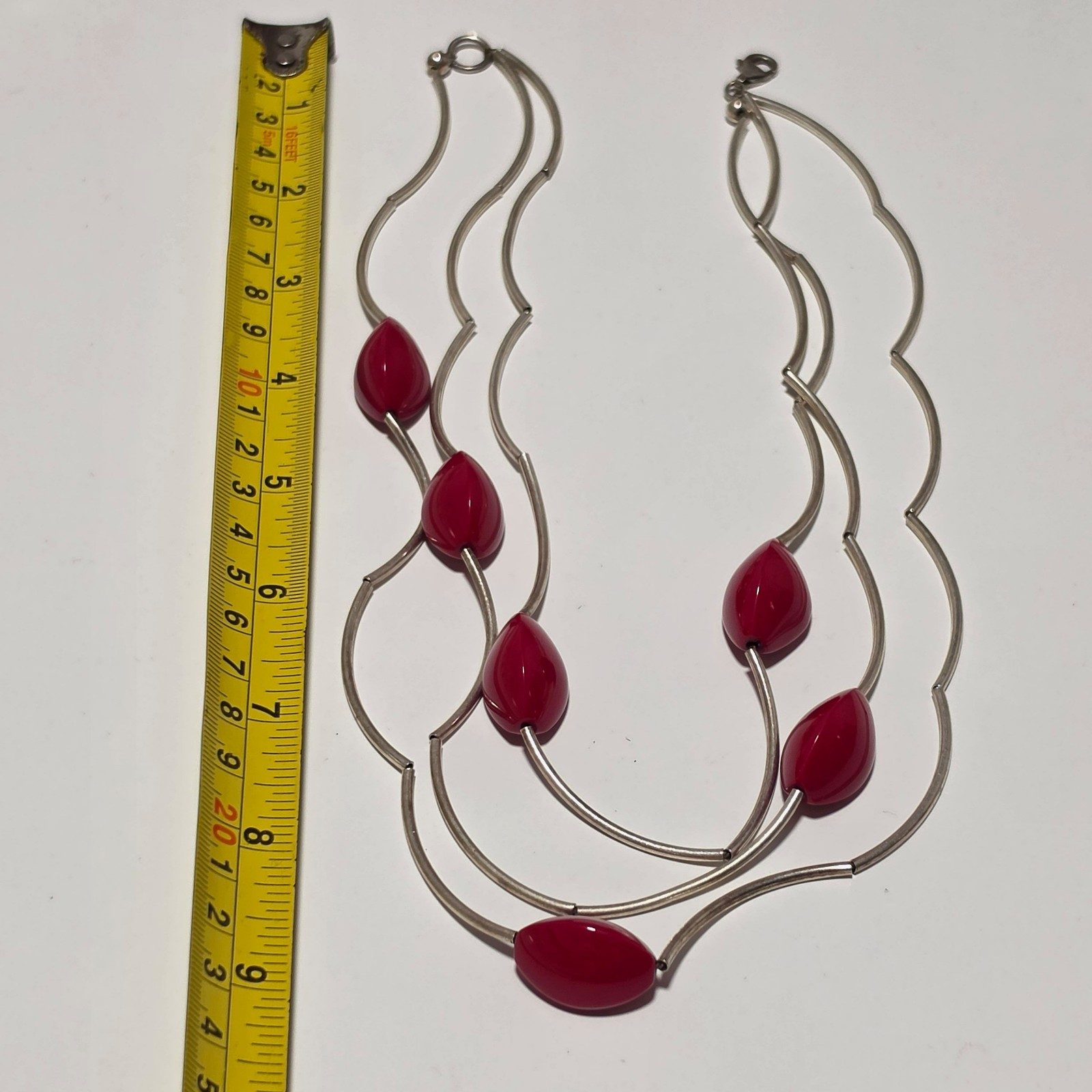 925 Red Bead Silver-tone Multi-strand Necklace .b6 image 3