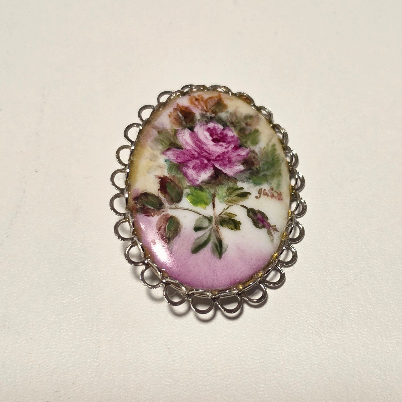 Vintage Hand Painted Pink Rose Porcelain Oval Brooch Silver Frame.b6