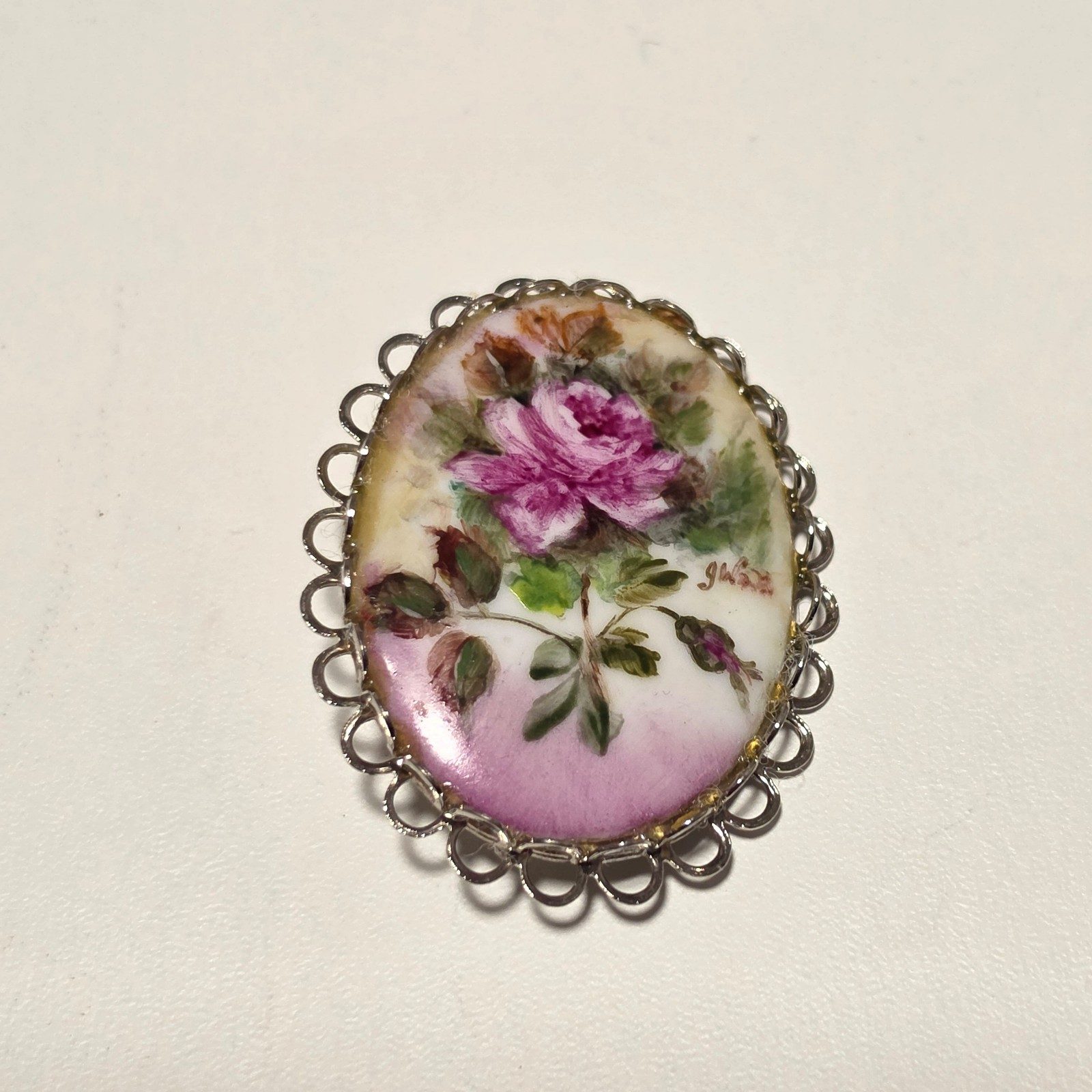 Vintage Hand Painted Pink Rose Porcelain Oval Brooch Silver Frame.b6 image 2