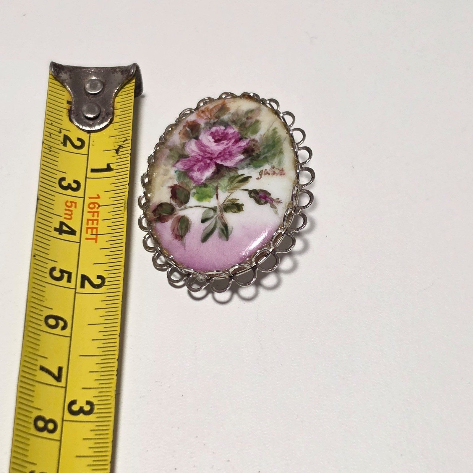 Vintage Hand Painted Pink Rose Porcelain Oval Brooch Silver Frame.b6 image 4
