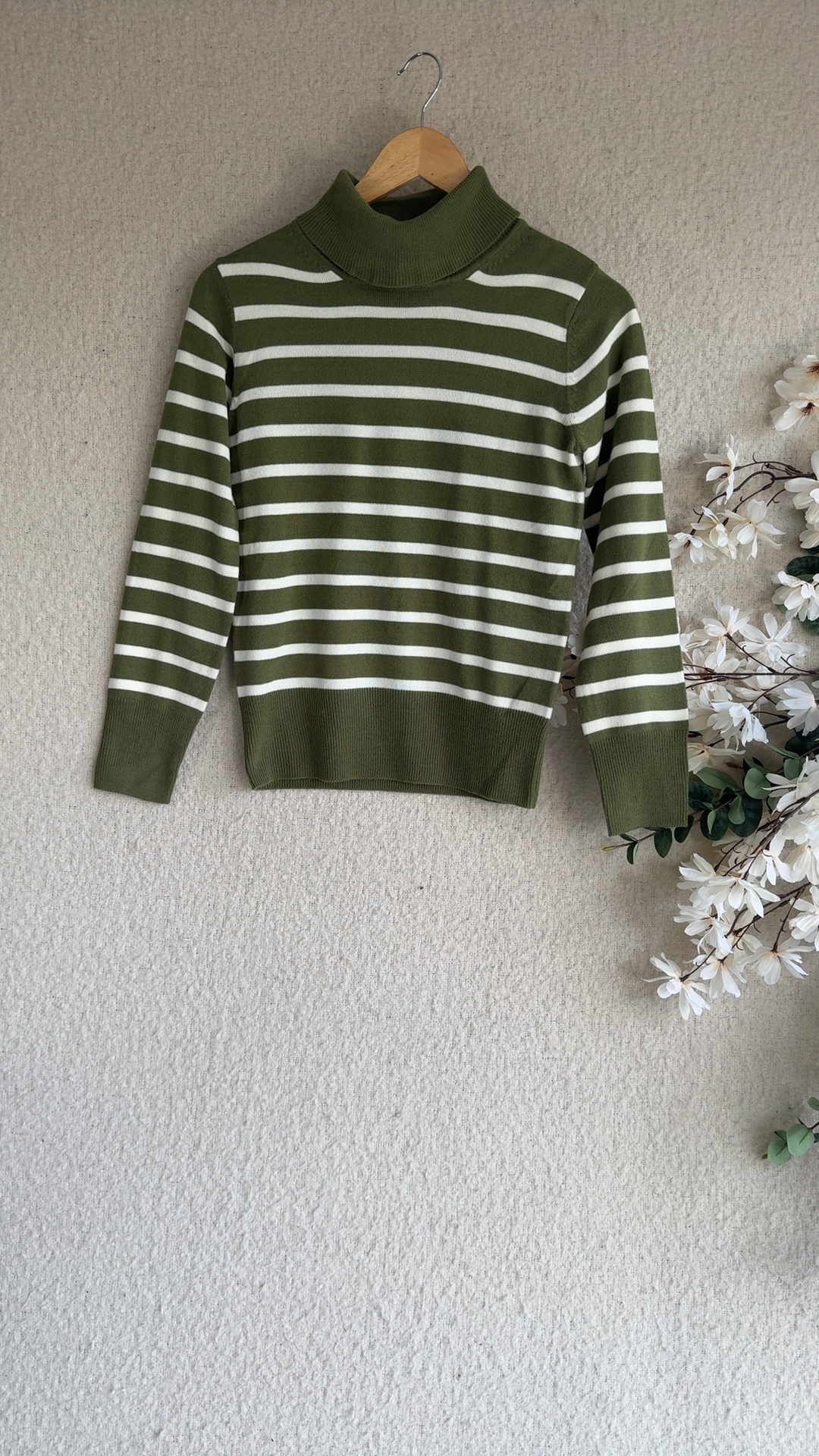M&S Collection Olive Green & White Striped Turtle Neck Jumper UK 10