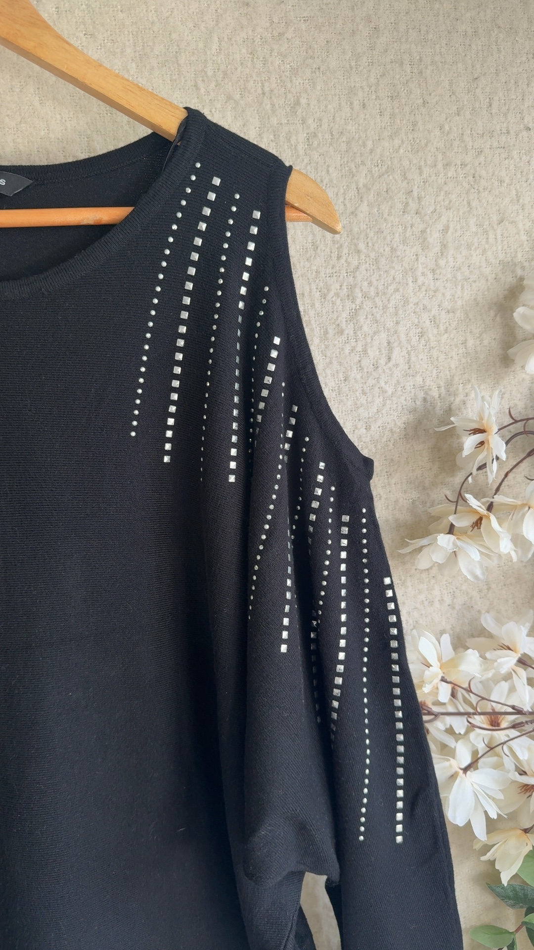 Peacocks Black Cold Shoulder Studded Sleeve Jumper Medium Chic Casual image 3