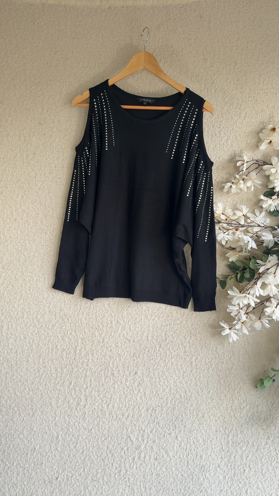 Peacocks Black Cold Shoulder Studded Sleeve Jumper Medium Chic Casual