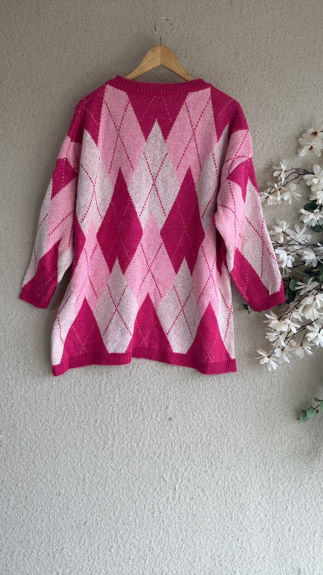 Pink Multi Argyle Pattern Knit Sweater Oversized Style UK One Size Acrylic Wool image 3