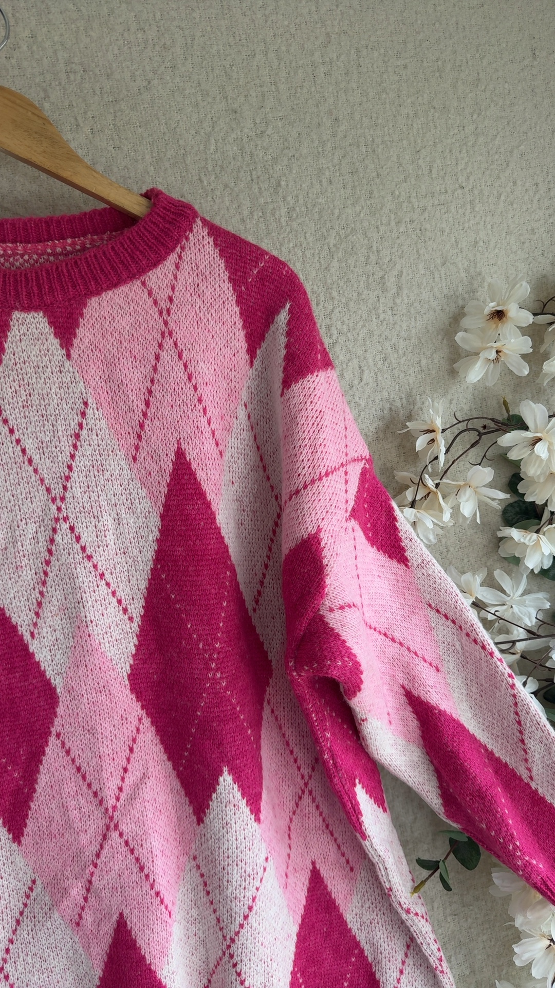 Pink Multi Argyle Pattern Knit Sweater Oversized Style UK One Size Acrylic Wool image 2