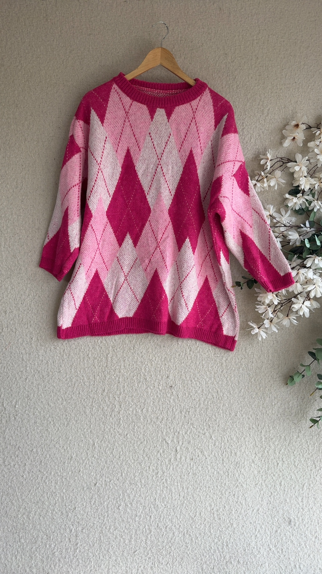 Pink Multi Argyle Pattern Knit Sweater Oversized Style UK One Size Acrylic Wool