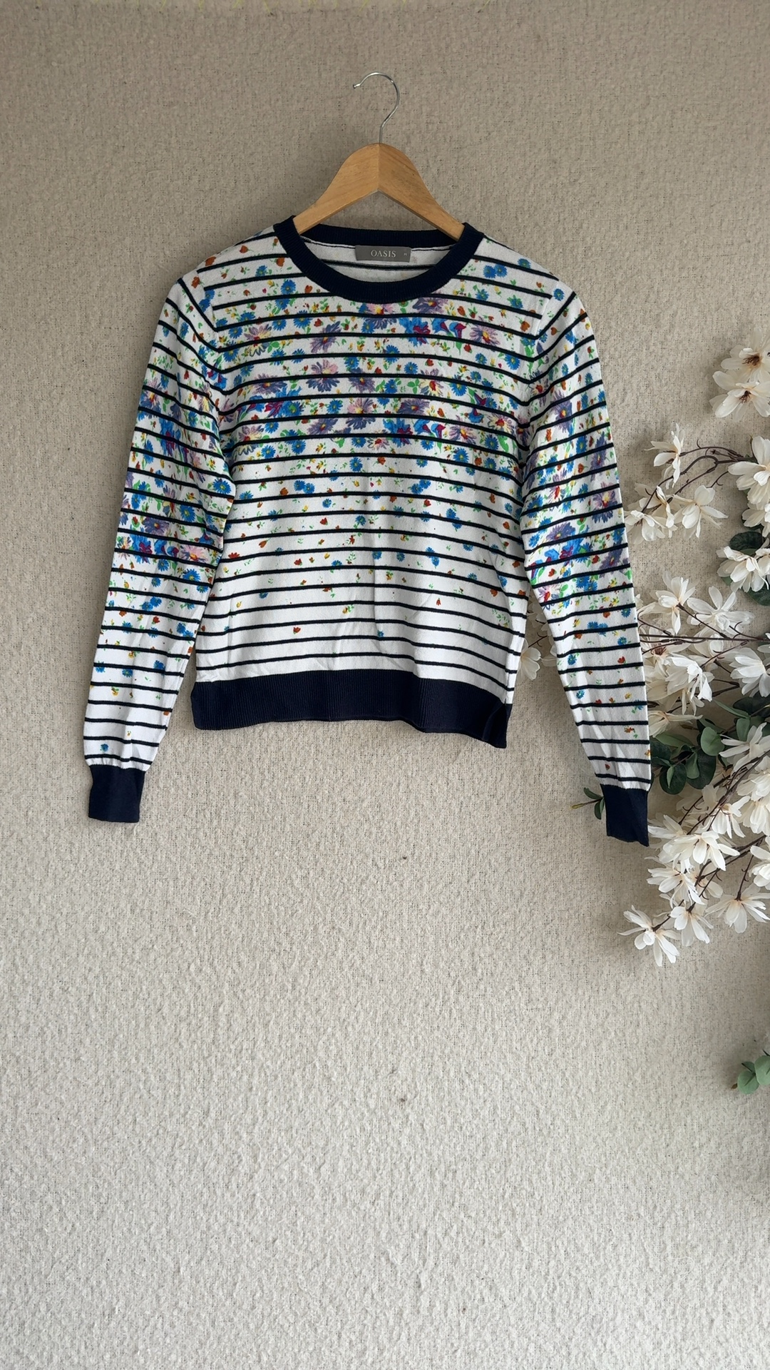 Oasis Women's White & Navy Floral Stripe Cotton Jumper Medium Casual Chic