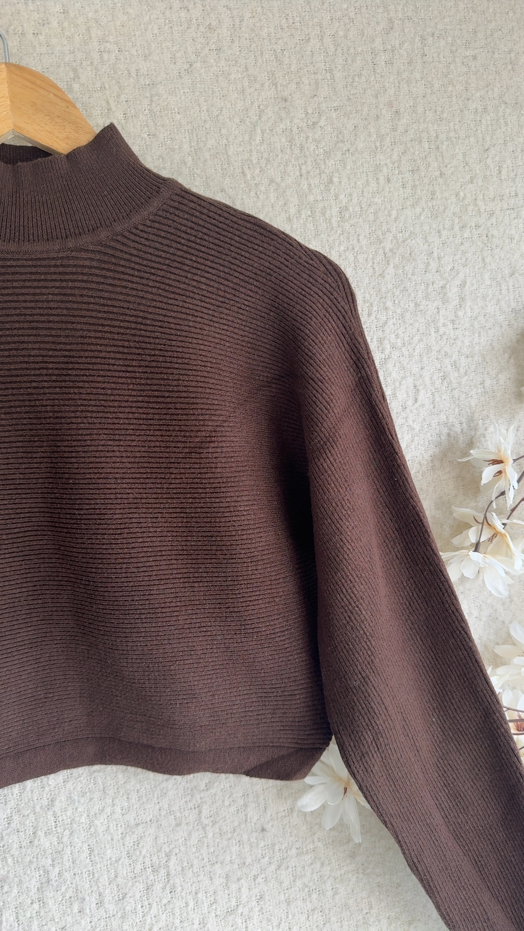 New Look Brown Ribbed Knit Cropped Sweater Small Cotton Blend image 2
