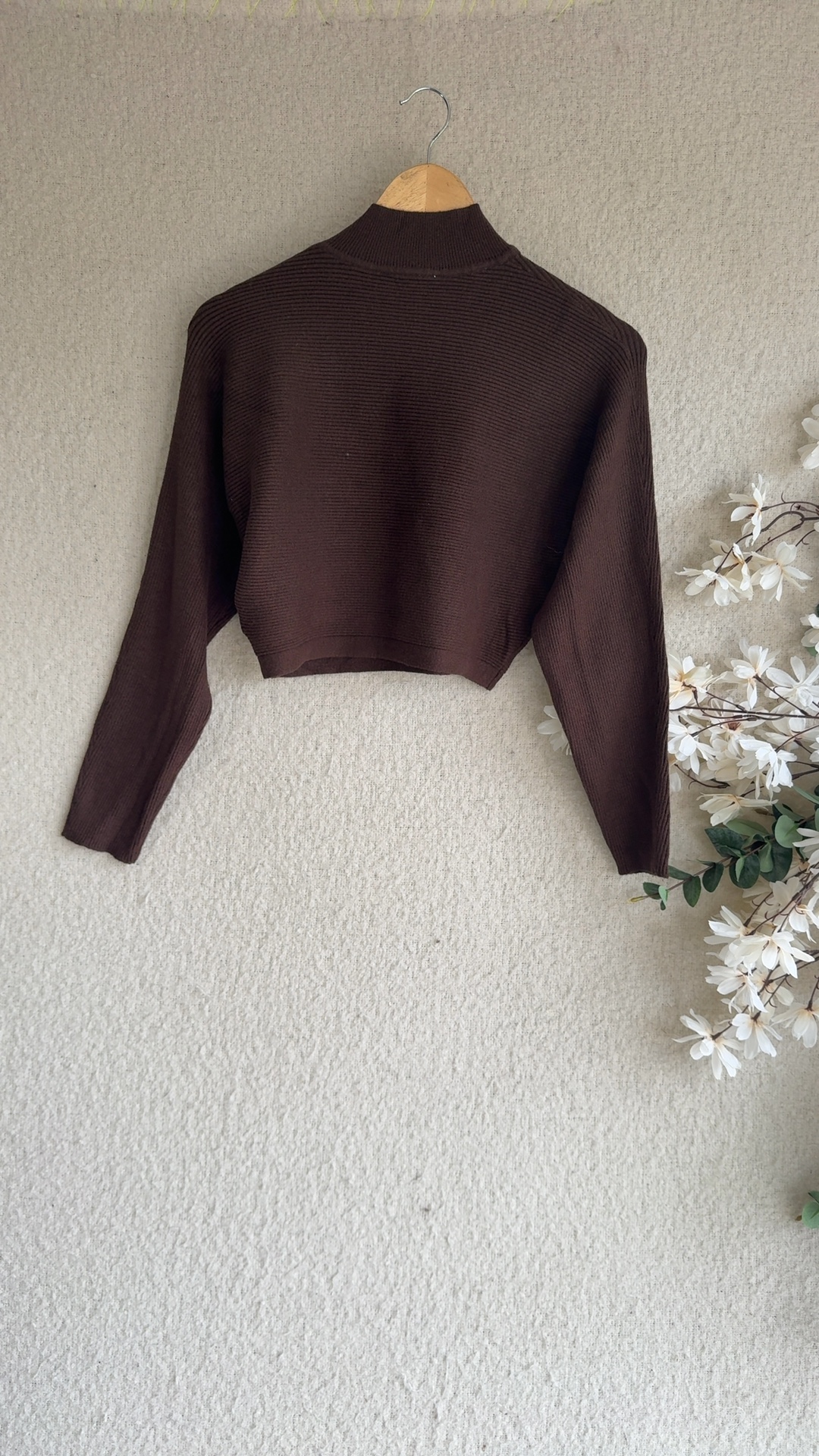 New Look Brown Ribbed Knit Cropped Sweater Small Cotton Blend image 4