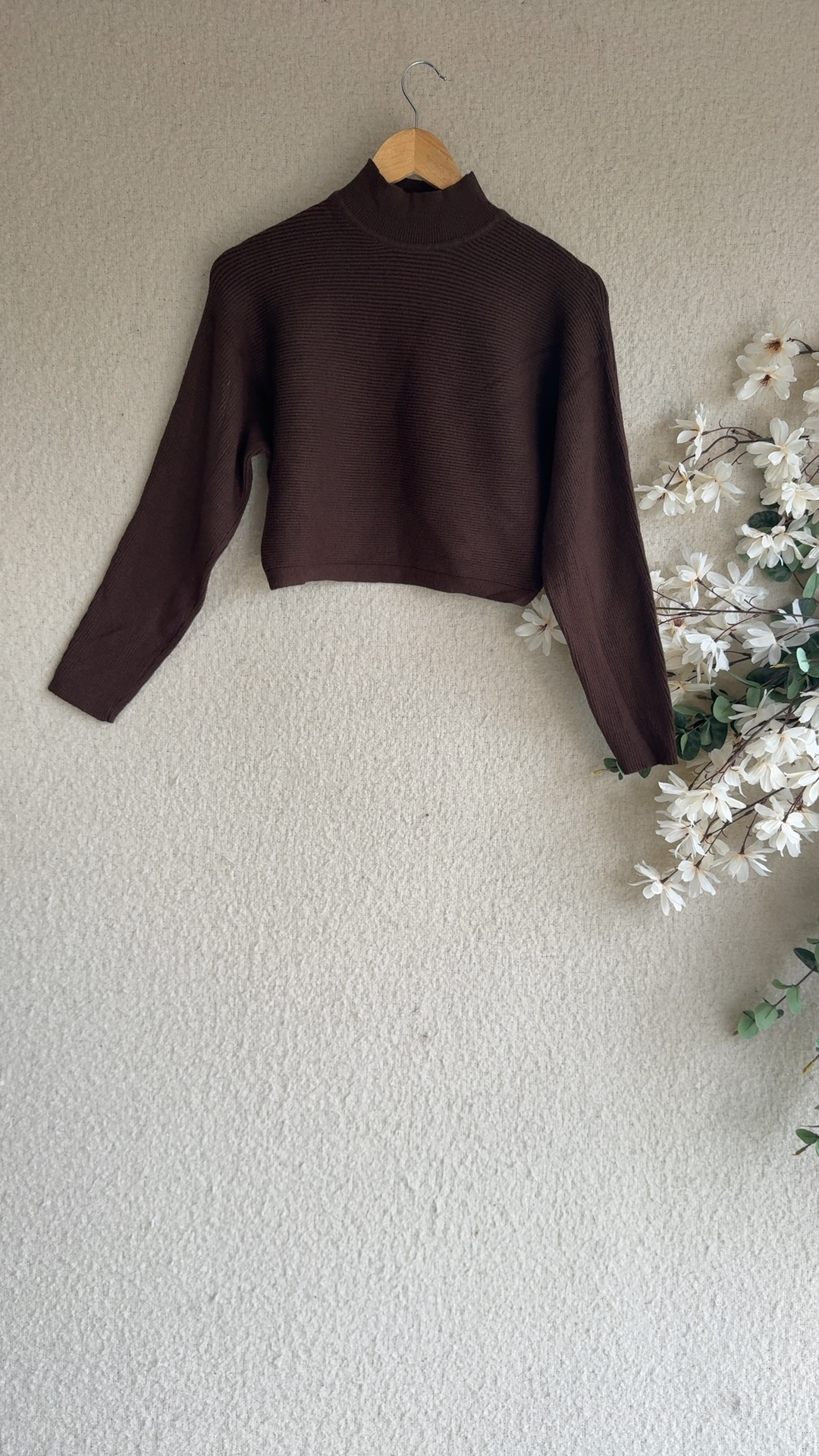 New Look Brown Ribbed Knit Cropped Sweater Small Cotton Blend