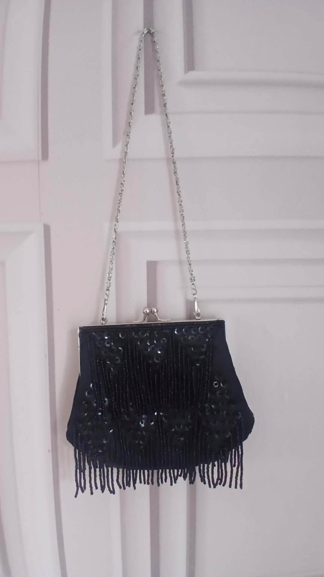 Vintage Style Black Beaded Fringe Evening Bag Silver Chain Strap One Size