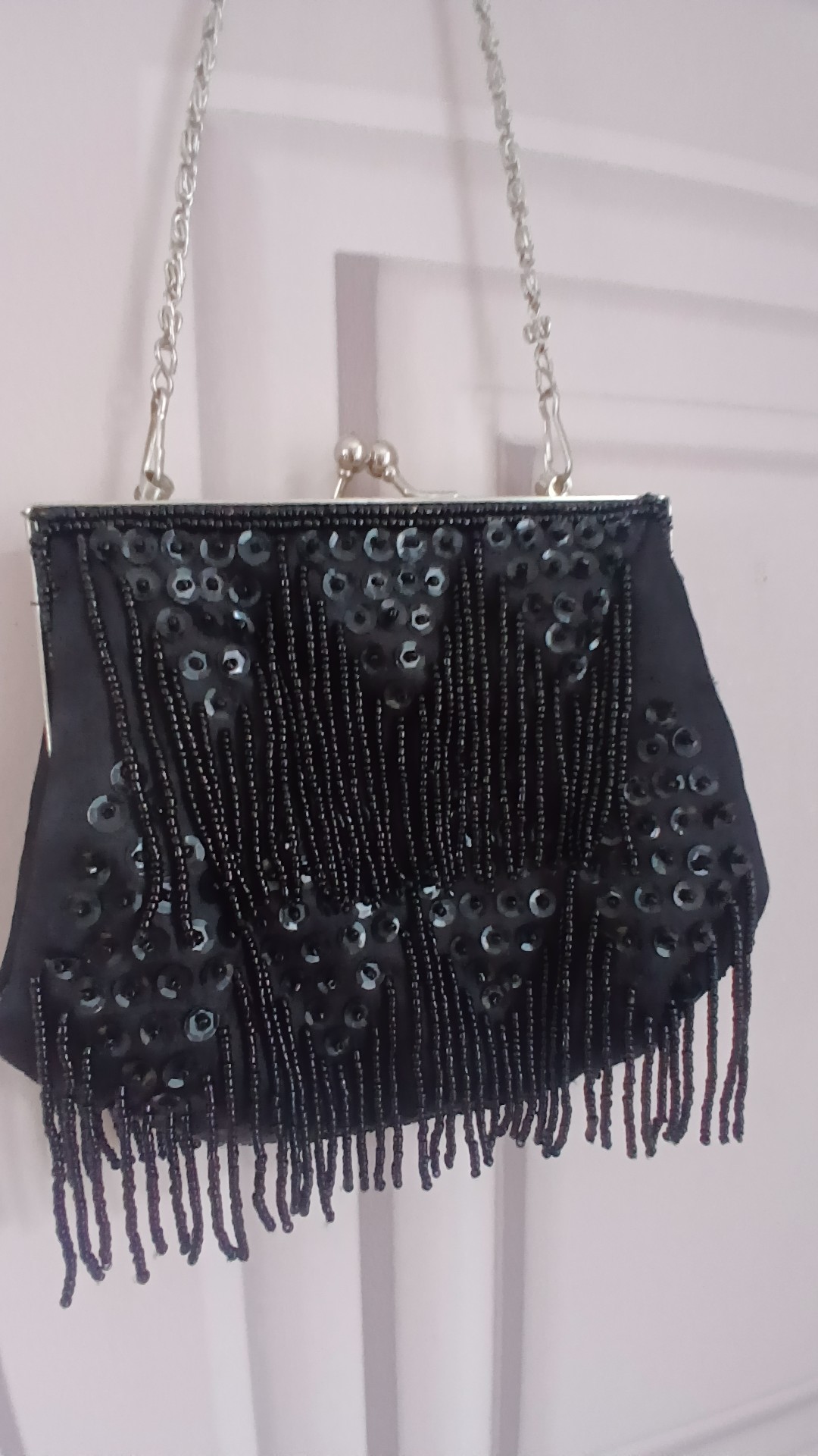 Vintage Style Black Beaded Fringe Evening Bag Silver Chain Strap One Size image 2