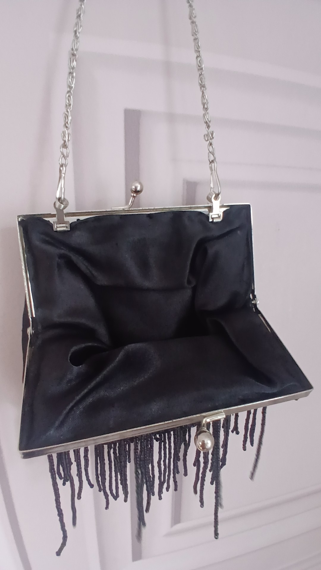 Vintage Style Black Beaded Fringe Evening Bag Silver Chain Strap One Size image 3