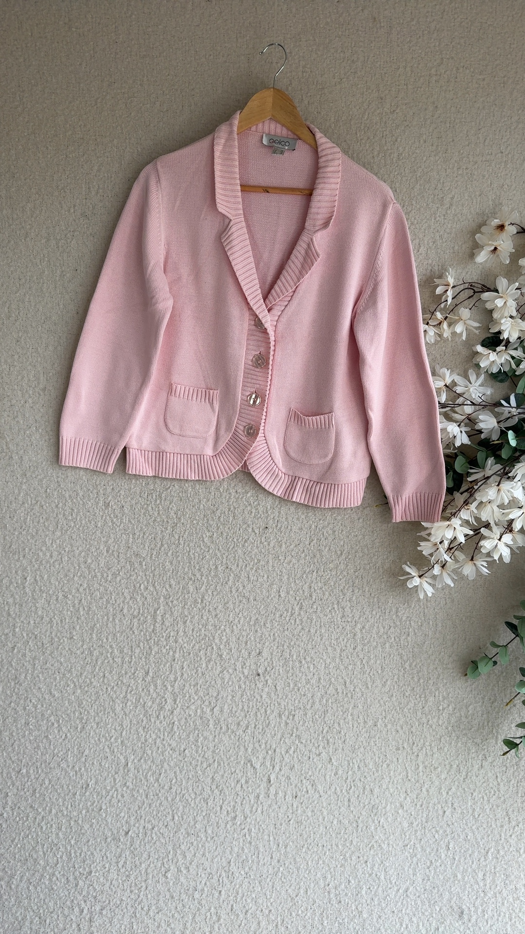 Vintage Gelco Pink Knit Cardigan UK 14 Soft Cotton Acrylic Blend Stylish Button-Up