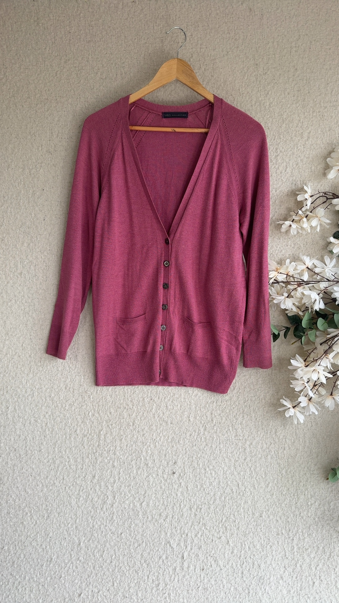 M&S Pink Women's V-Neck Button Cardigan UK 14 50% Viscose Acrylic