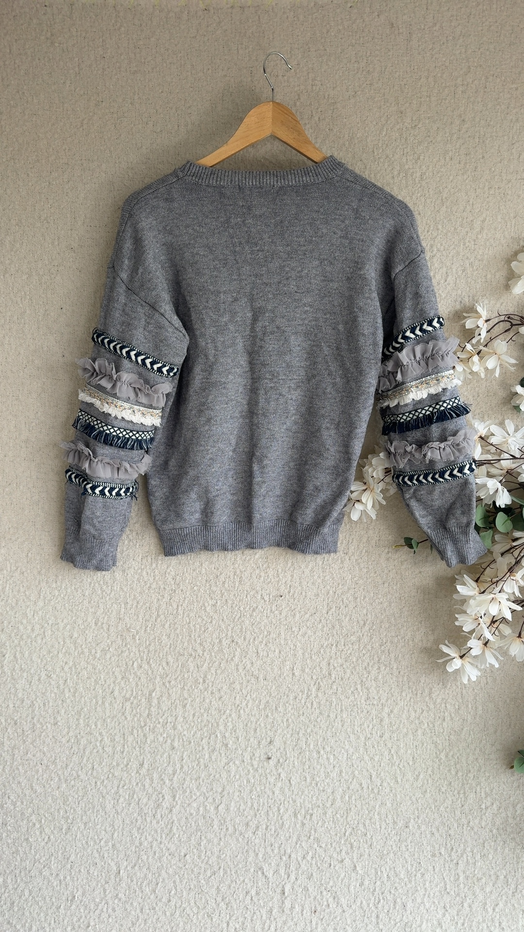 MILLENIUM Grey Embroidered Sleeve Sweater One Size Stylish Boho Casual Sweater image 4