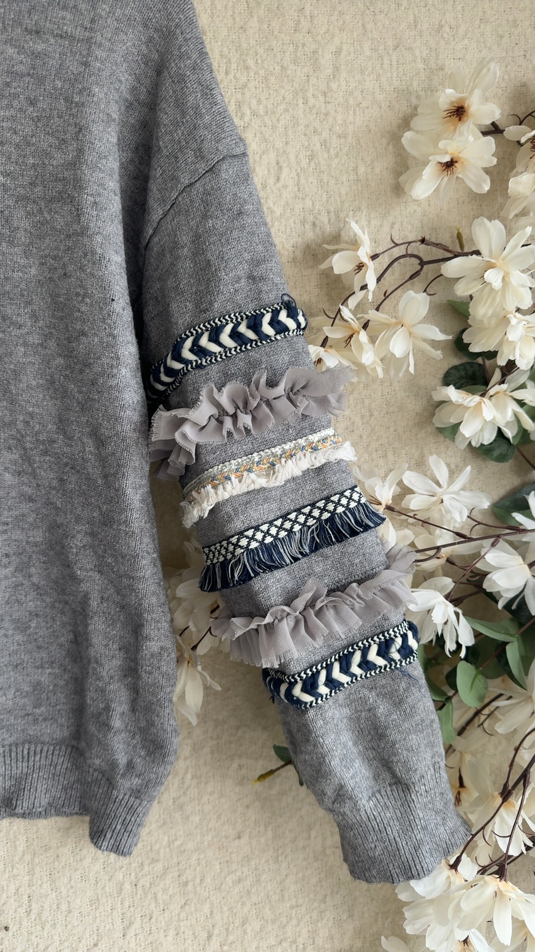 MILLENIUM Grey Embroidered Sleeve Sweater One Size Stylish Boho Casual Sweater image 3