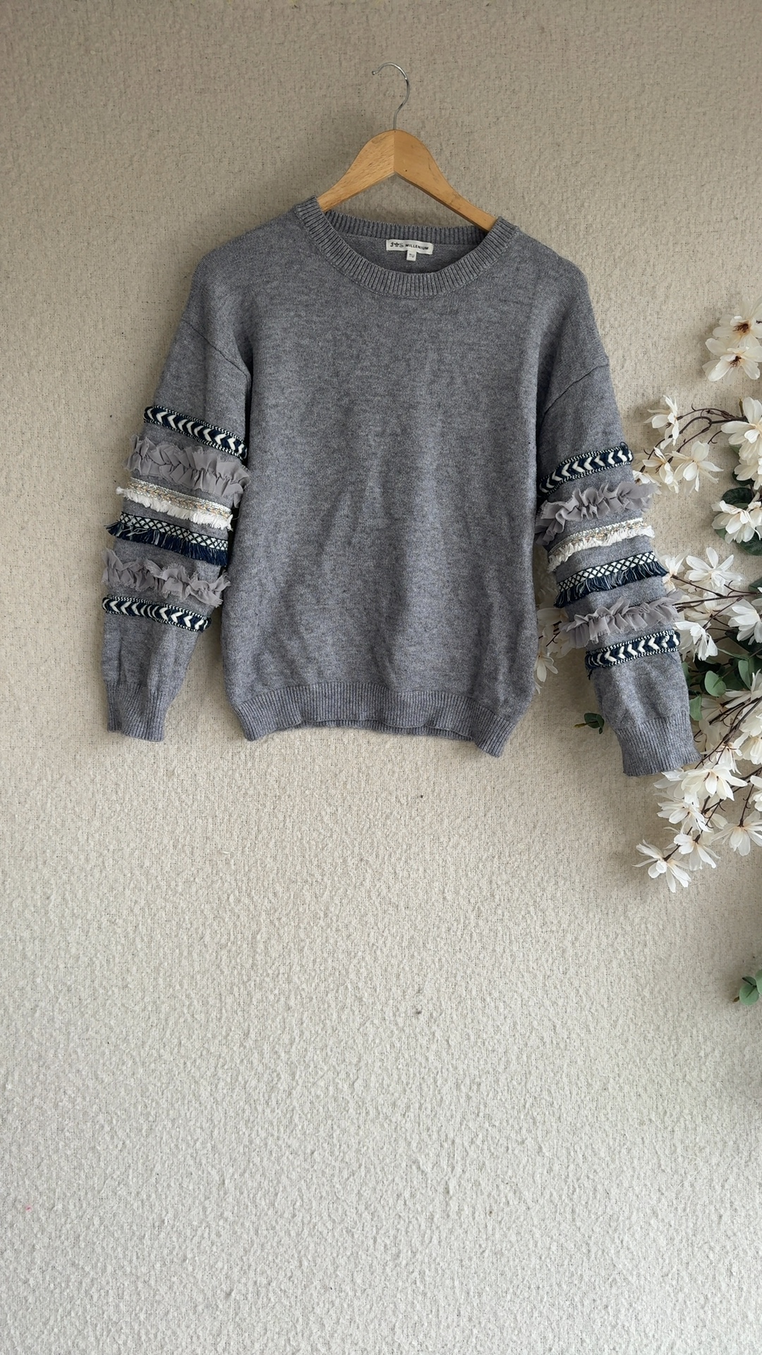 MILLENIUM Grey Embroidered Sleeve Sweater One Size Stylish Boho Casual Sweater