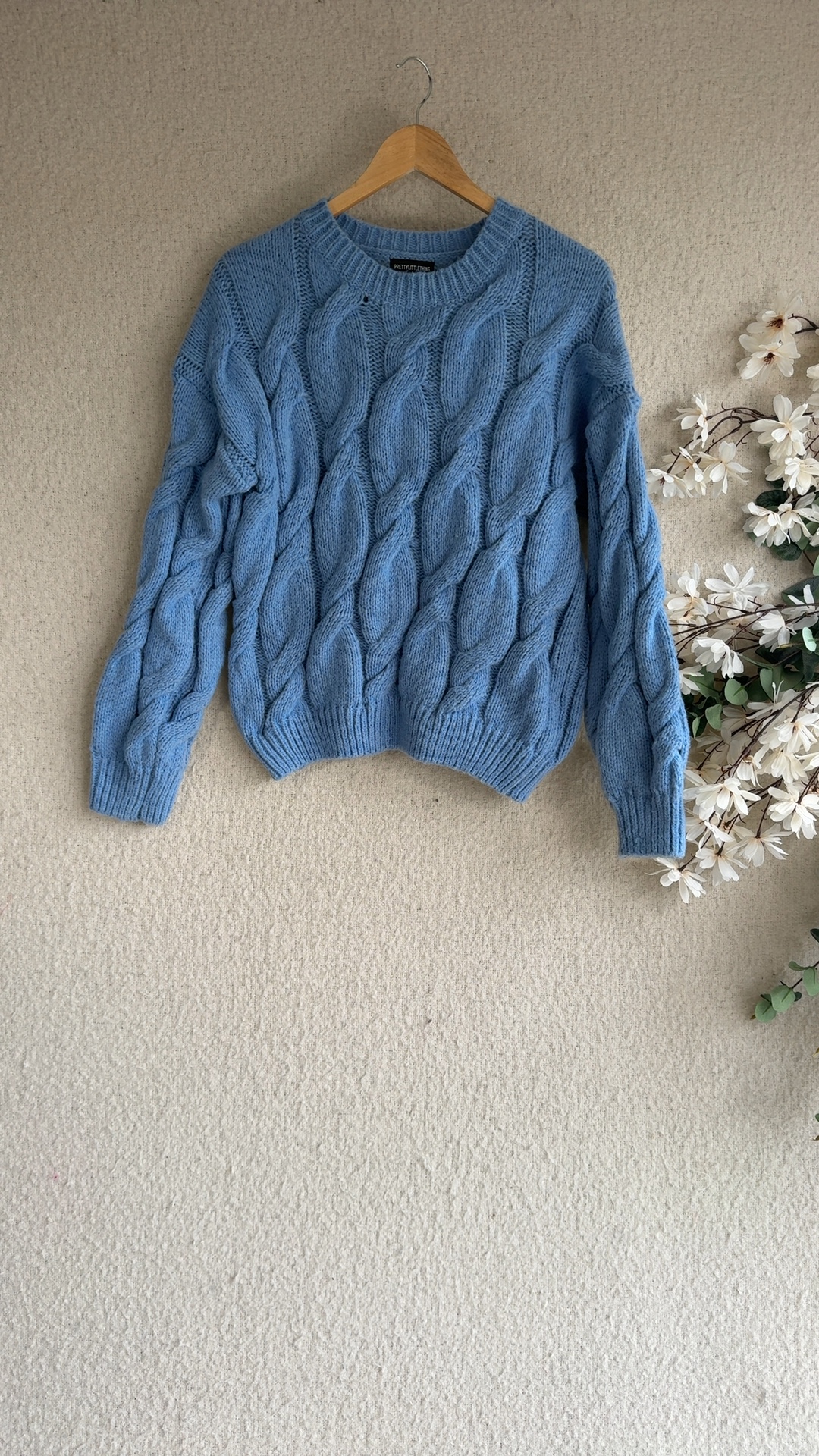 PrettyLittleThing Blue Cable Knit Jumper Small Soft Polyester Sweater UK S