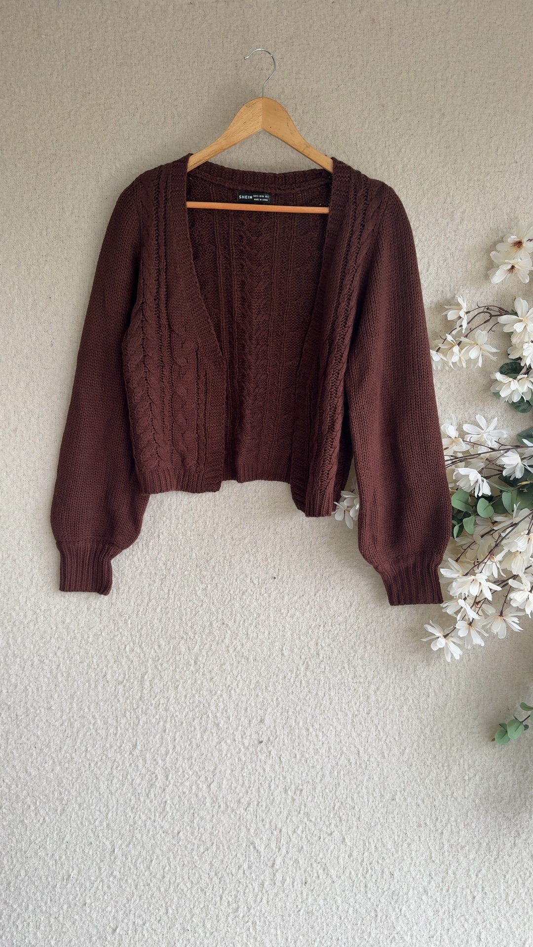 Shein Women's Brown Cable Knit Acrylic Crop Cardigan UK 8 Casual Stylish