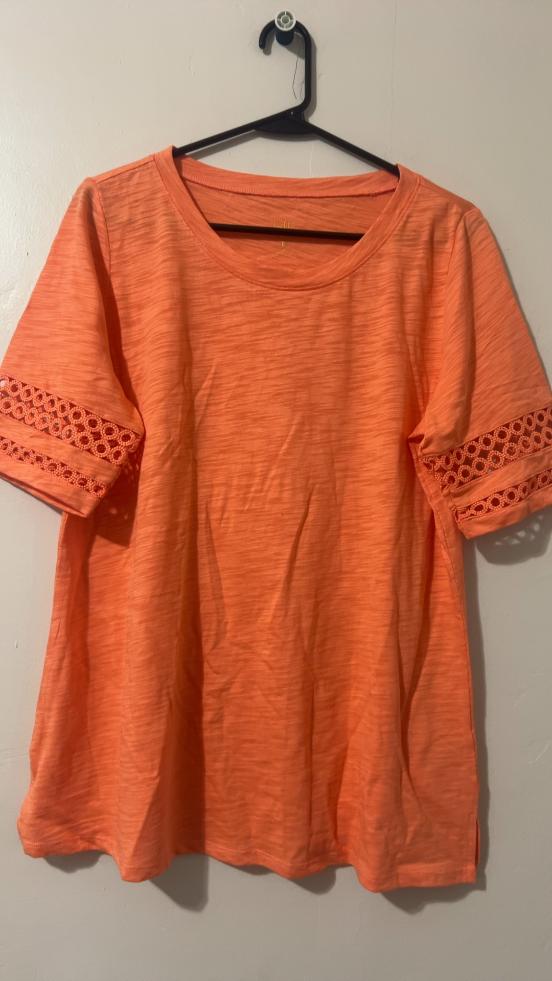 Bellie Women's Orange Tee Shirt Size 8 Crochet Sleeve Detail