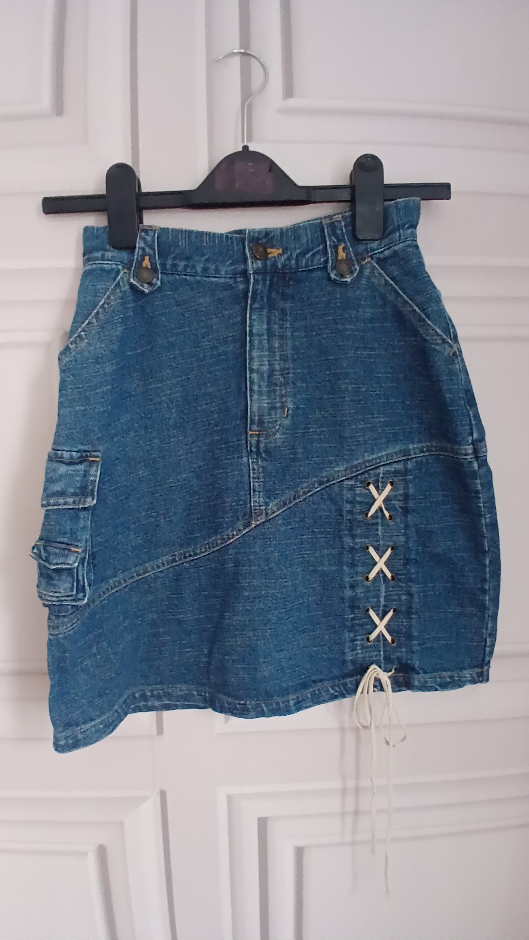 Blue Denim Mini Cargo Skirt Lace-Up Detail Small UK 6