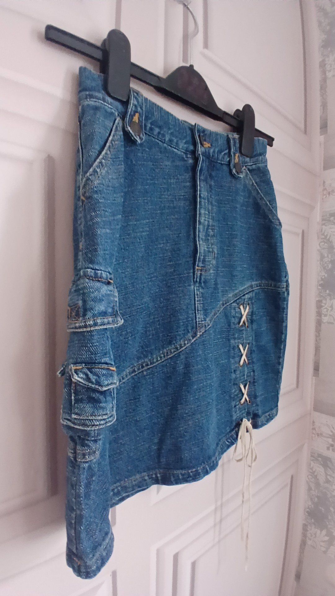 Blue Denim Mini Cargo Skirt Lace-Up Detail Small UK 6 image 3