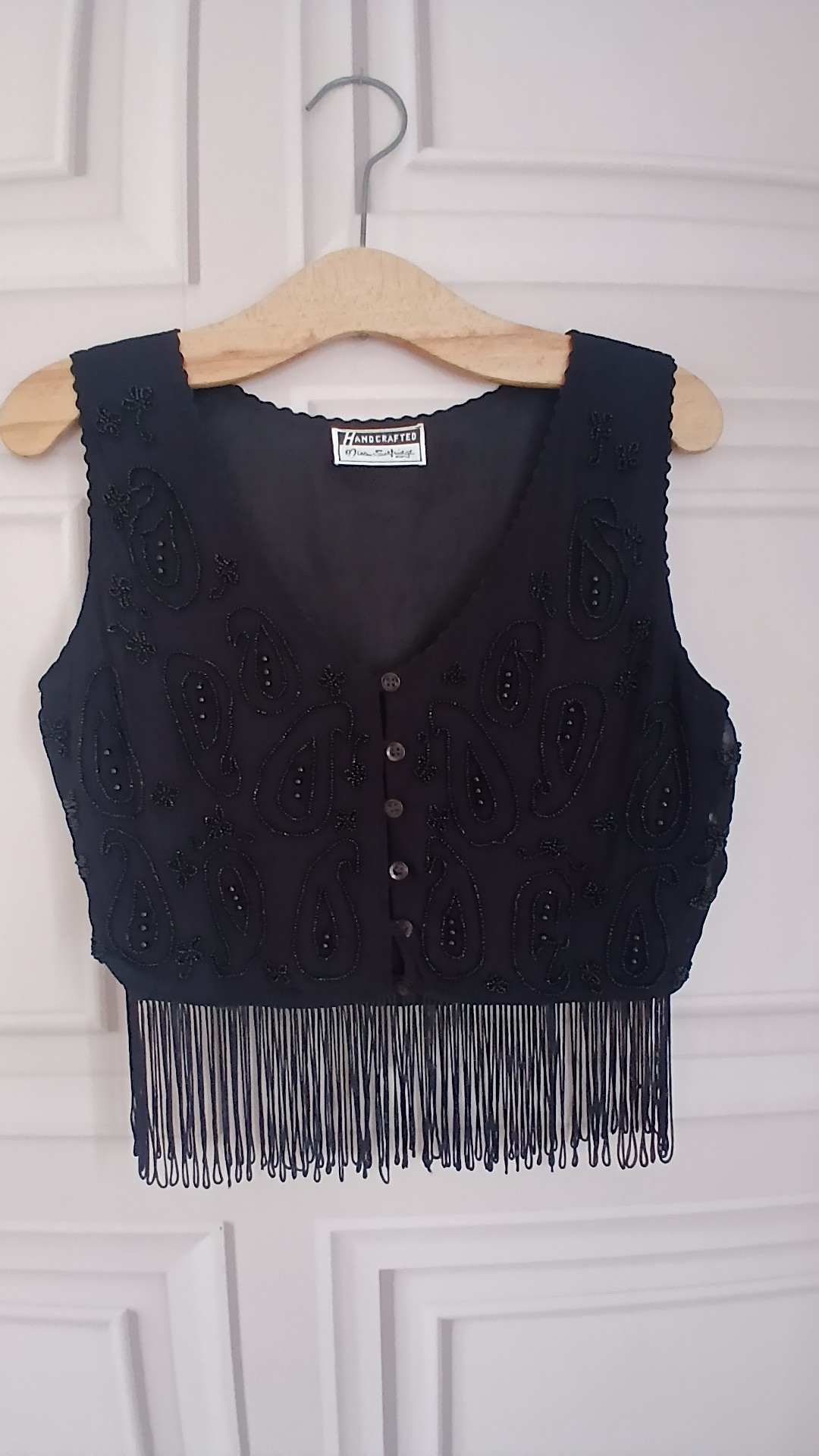 Handcrafted Black Beaded Vintage Look Waistcoat with Fringe UK 10