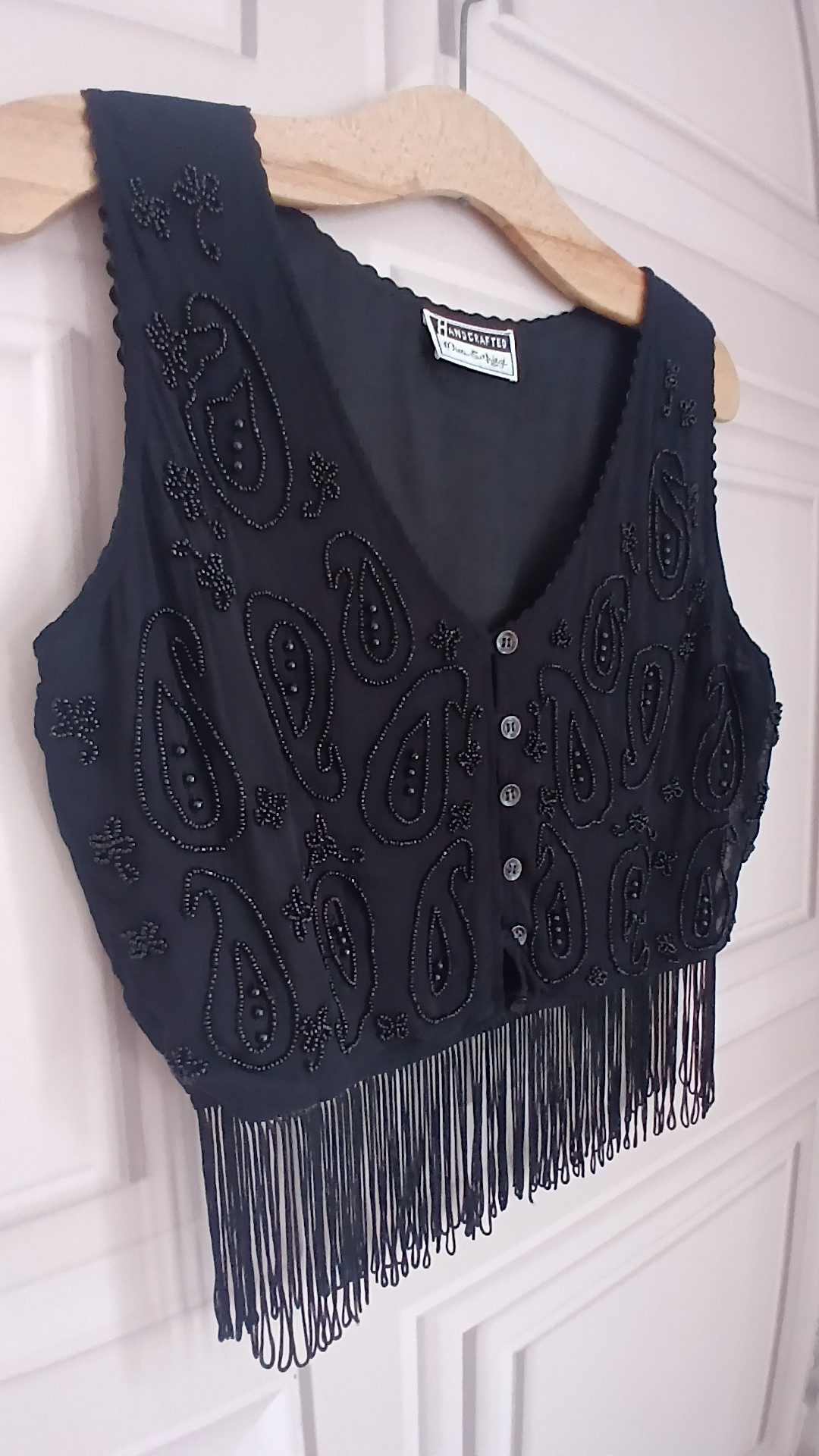 Handcrafted Black Beaded Vintage Look Waistcoat with Fringe UK 10 image 2
