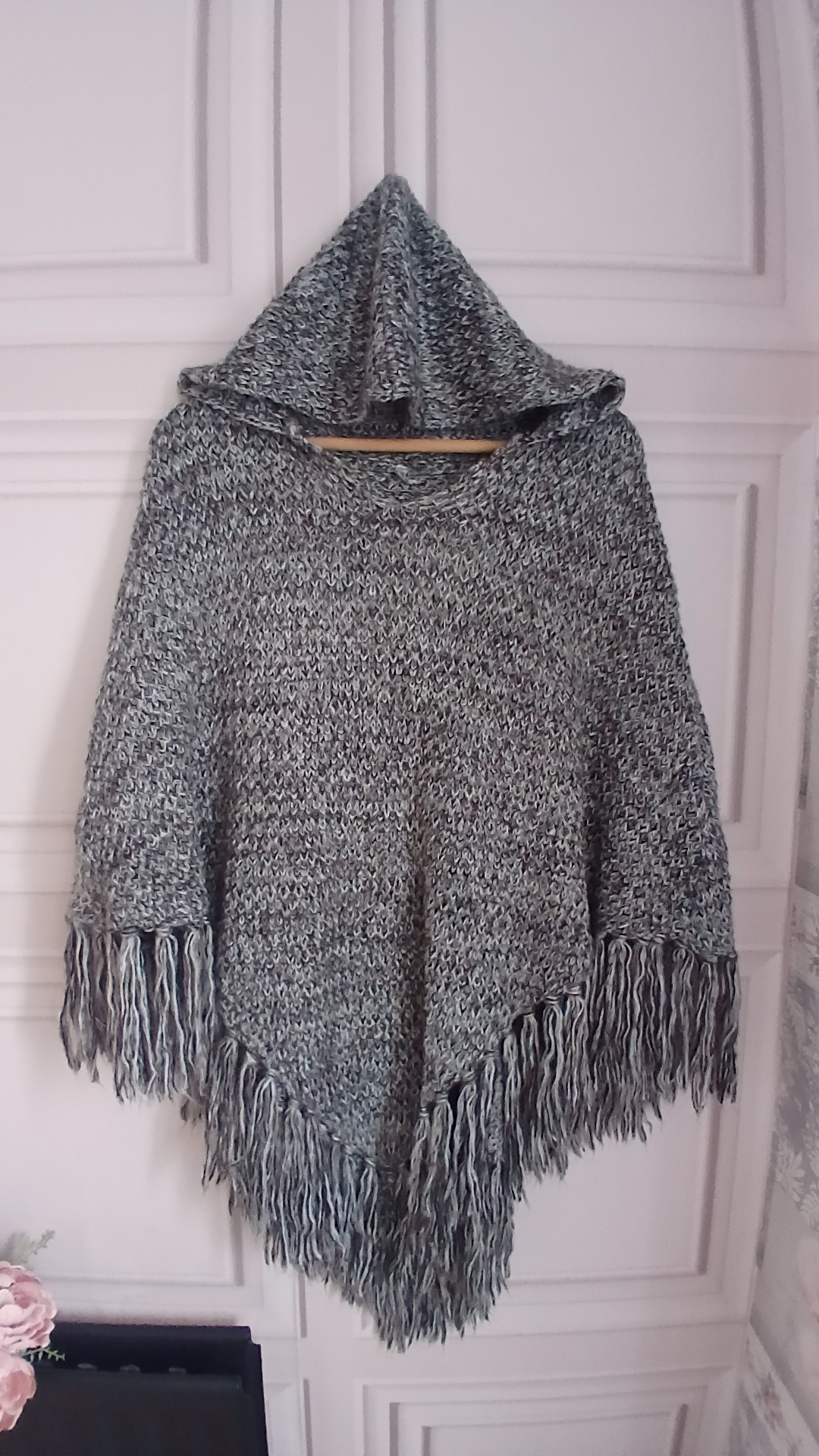 Grey Marl Hooded Chunky Knit Poncho with Hood One Size