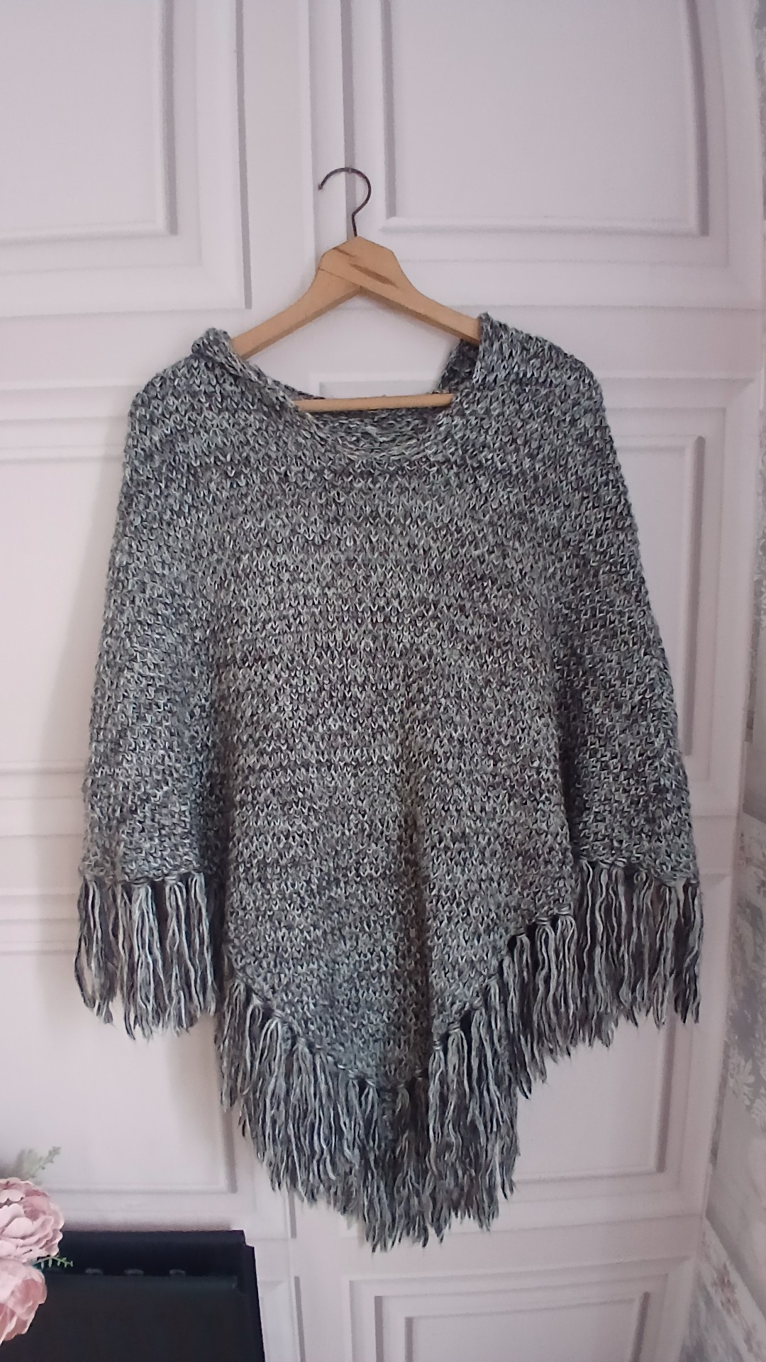 Grey Marl Hooded Chunky Knit Poncho with Hood One Size image 2