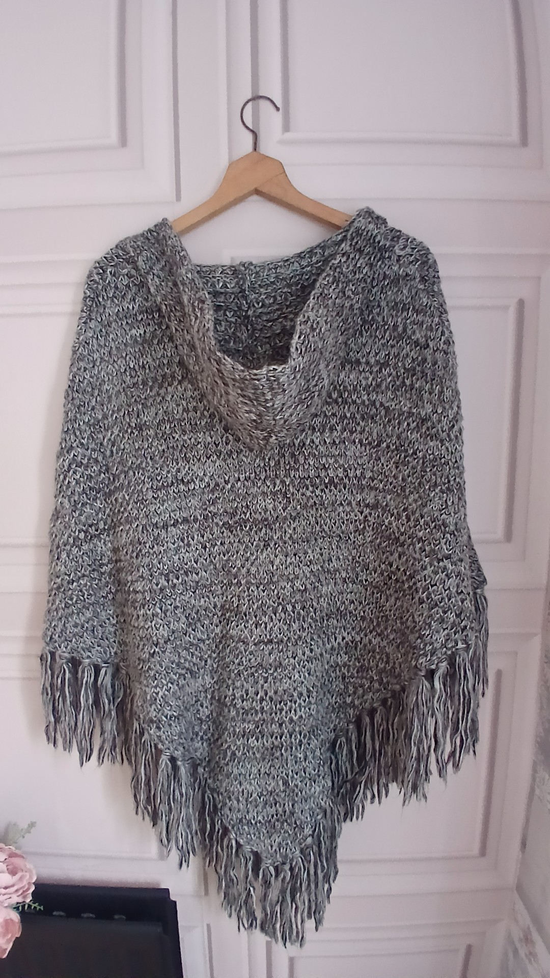 Grey Marl Hooded Chunky Knit Poncho with Hood One Size image 3
