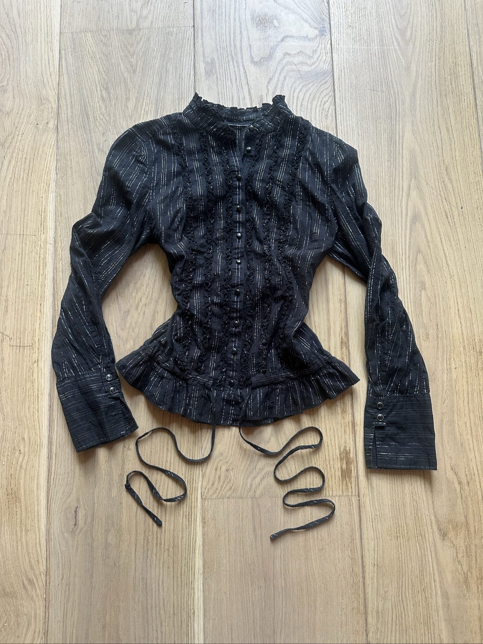 Black Striped Vintage Style Long Sleeve Blouse Size S