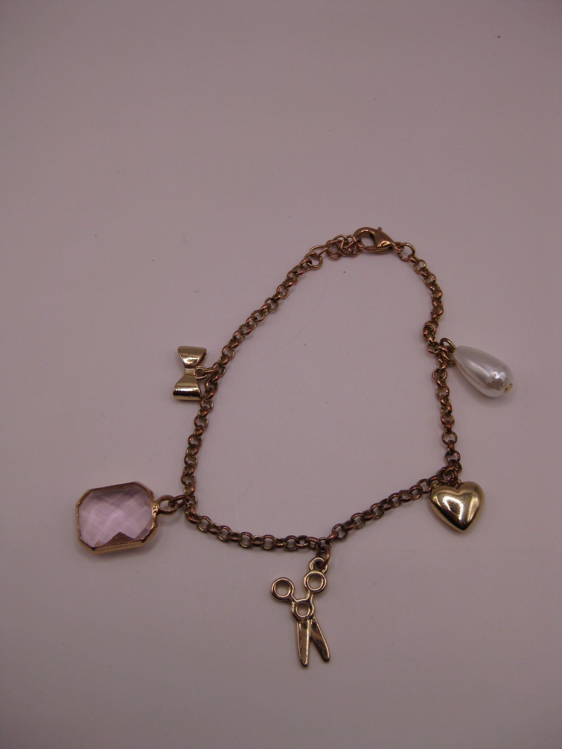 Gold Tone Charm Bracelet with Pink Gem & Pearl