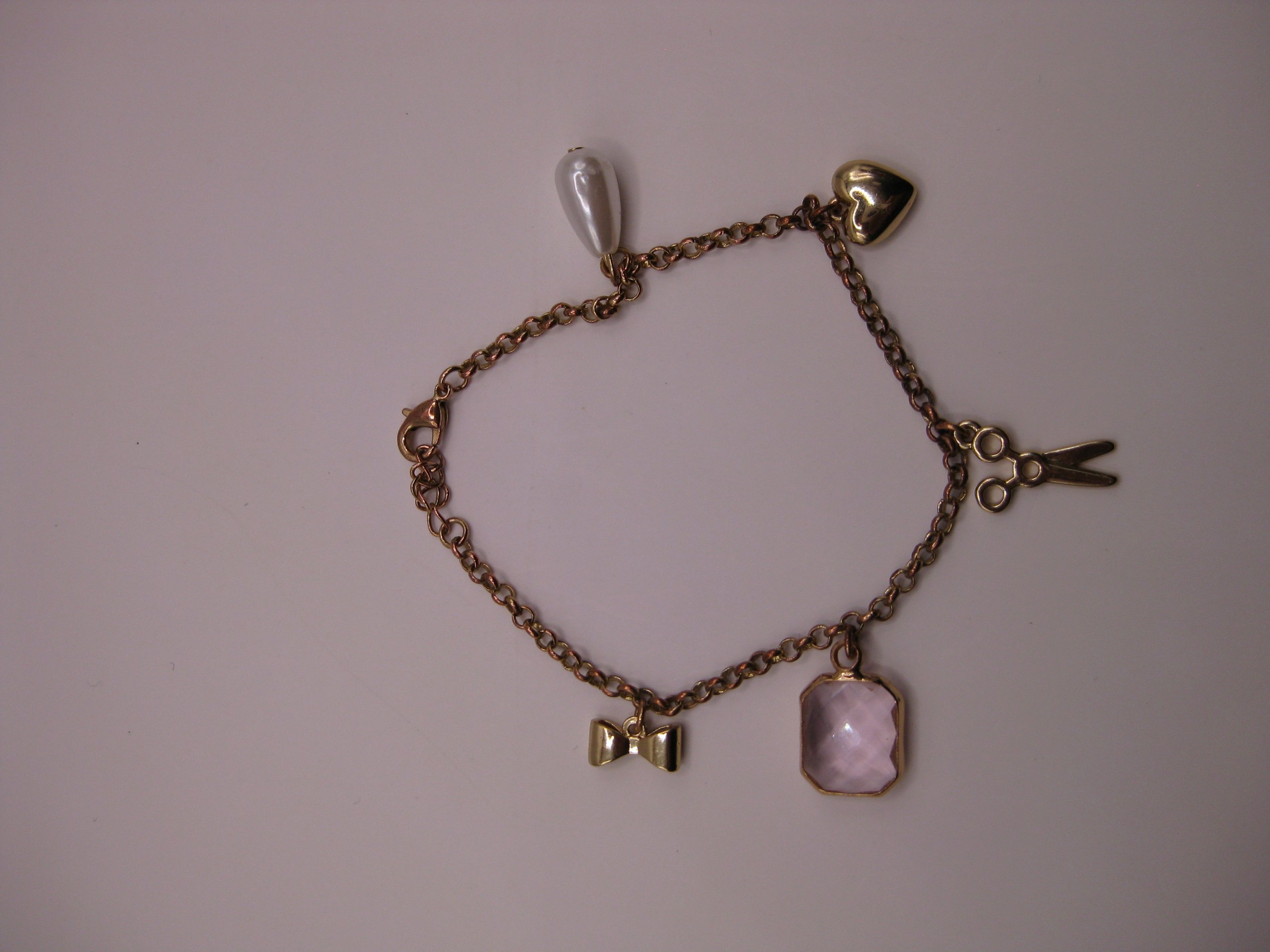 Gold Tone Charm Bracelet with Pink Gem & Pearl image 2