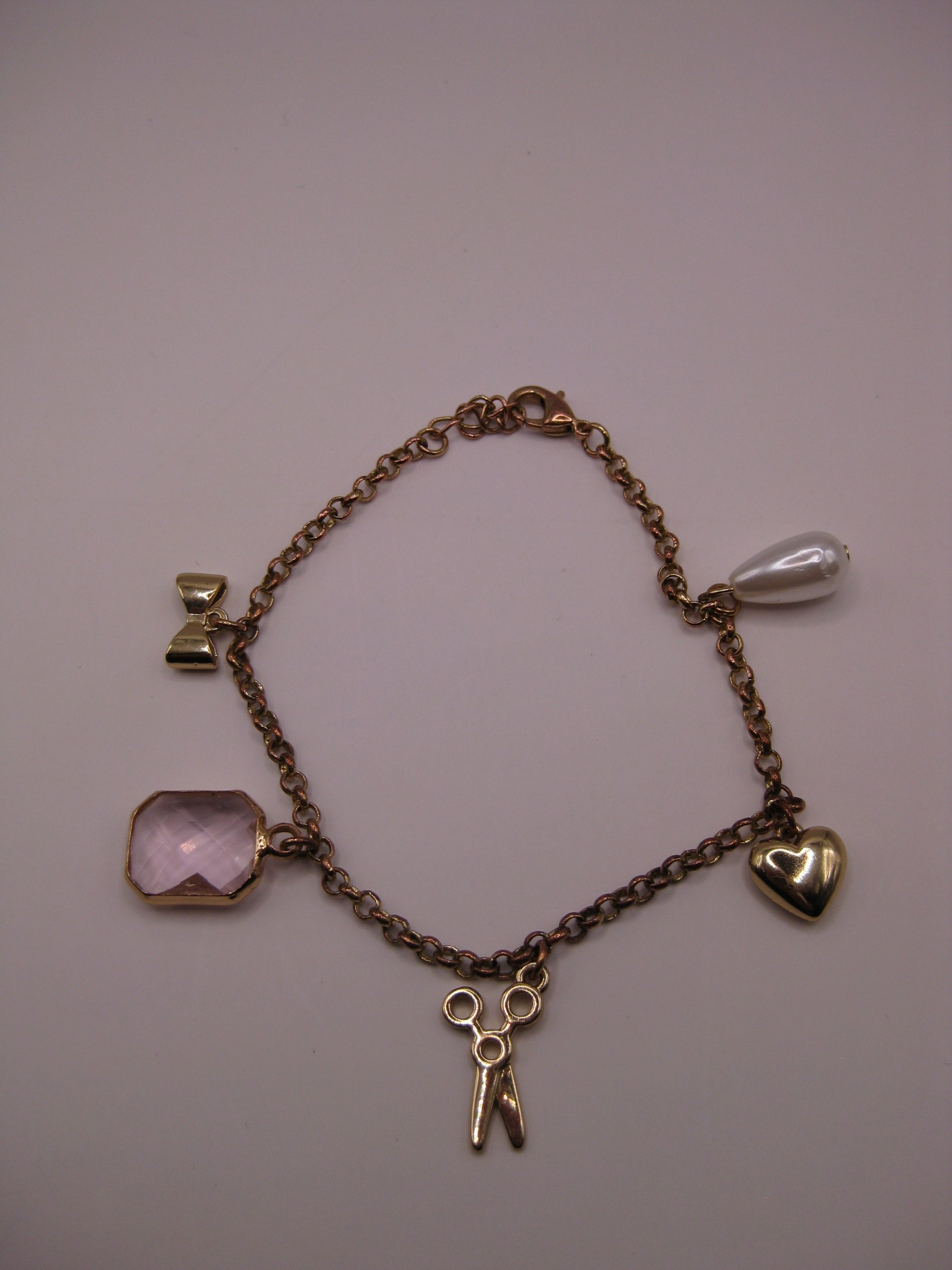 Gold Tone Charm Bracelet with Pink Gem & Pearl image 3