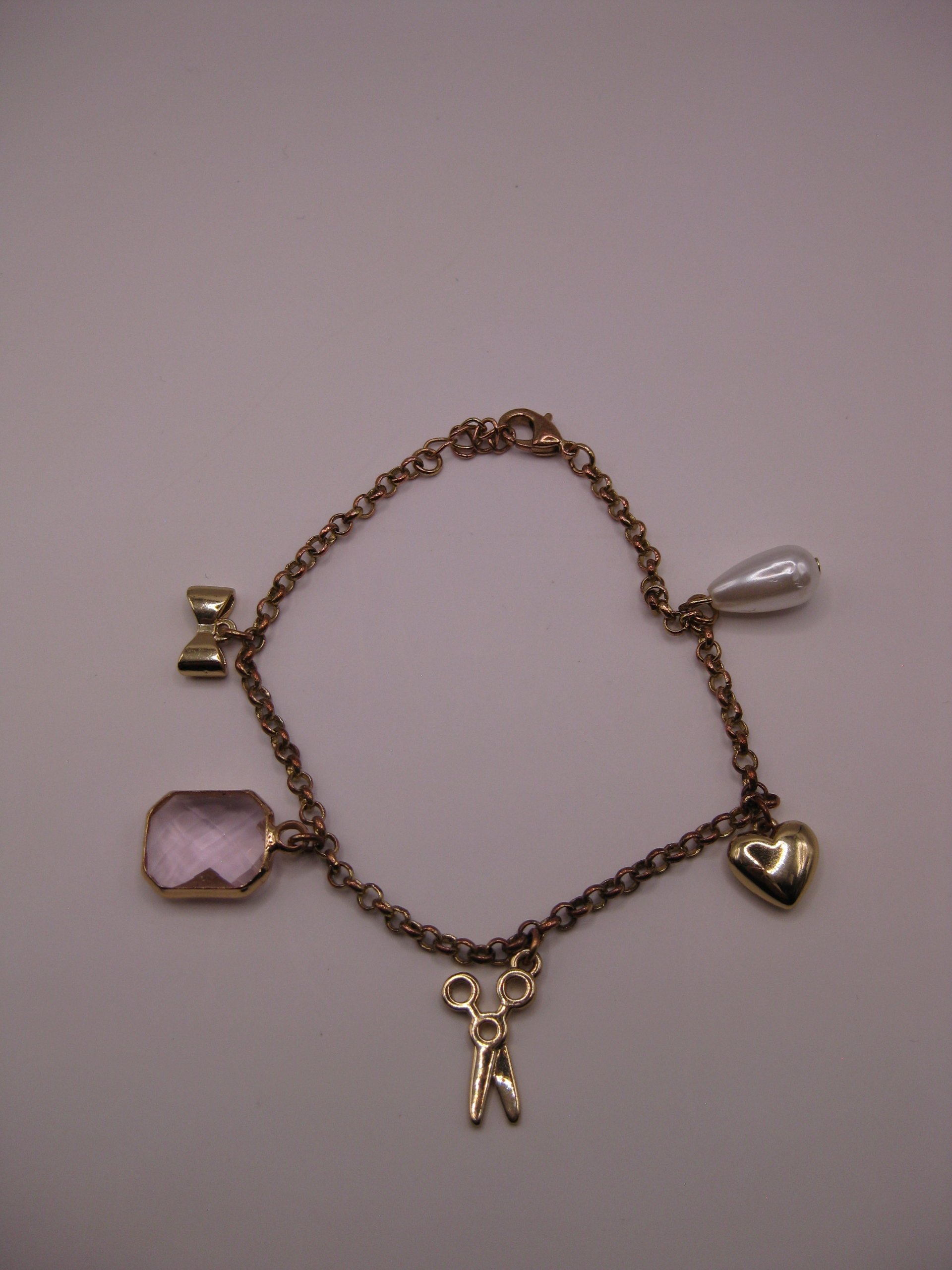 Gold Tone Charm Bracelet with Pink Gem & Pearl image 4