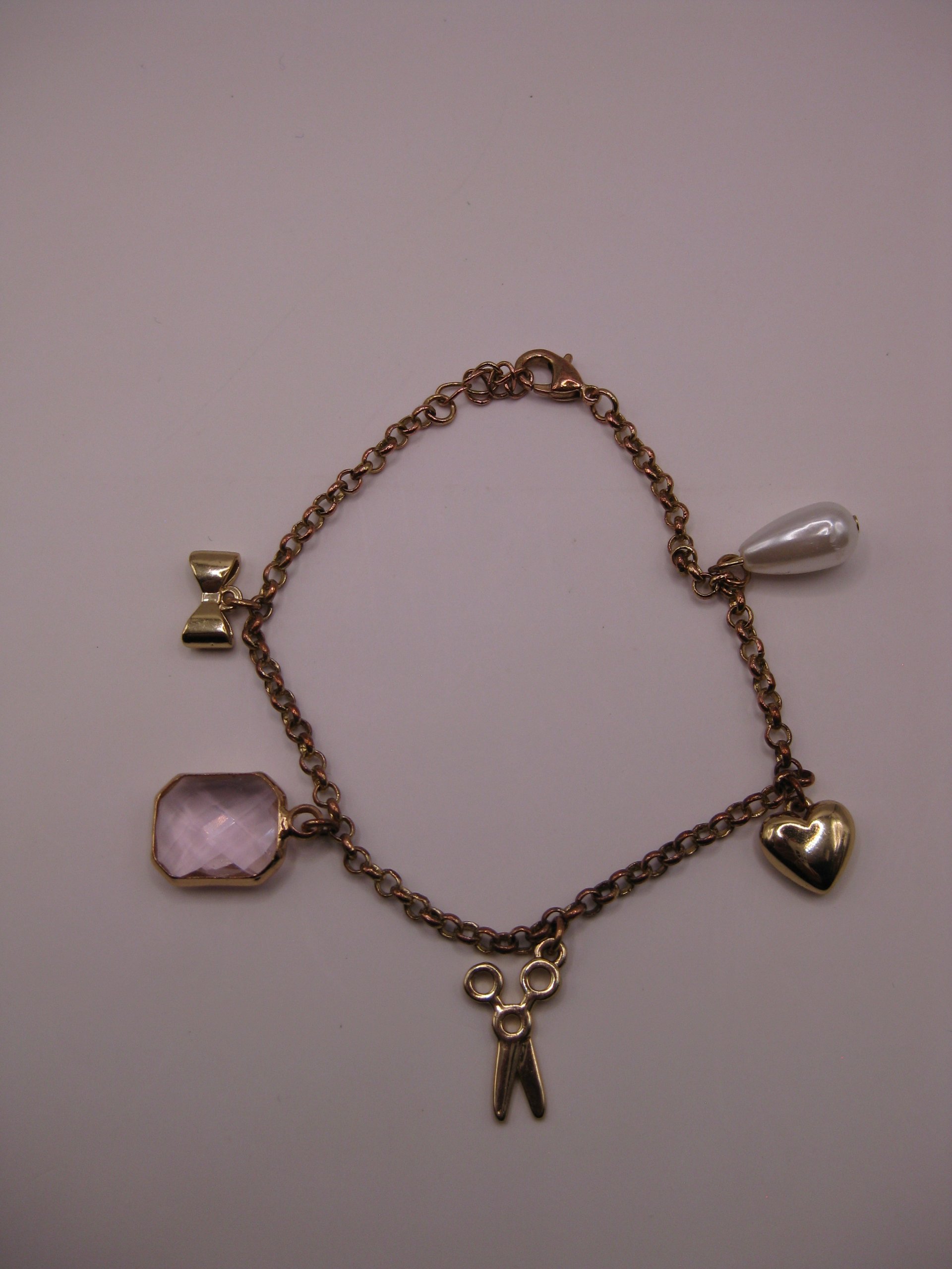 Gold Tone Charm Bracelet with Pink Gem & Pearl image 5