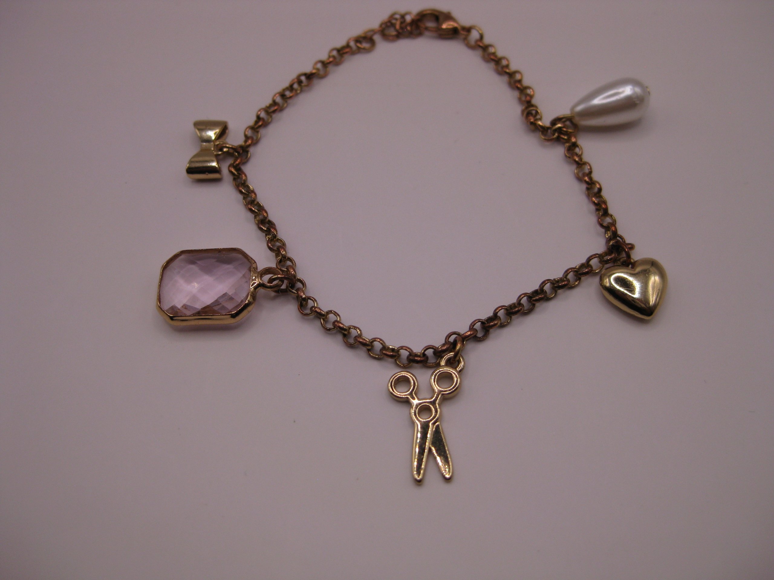 Gold Tone Charm Bracelet with Pink Gem & Pearl image 6