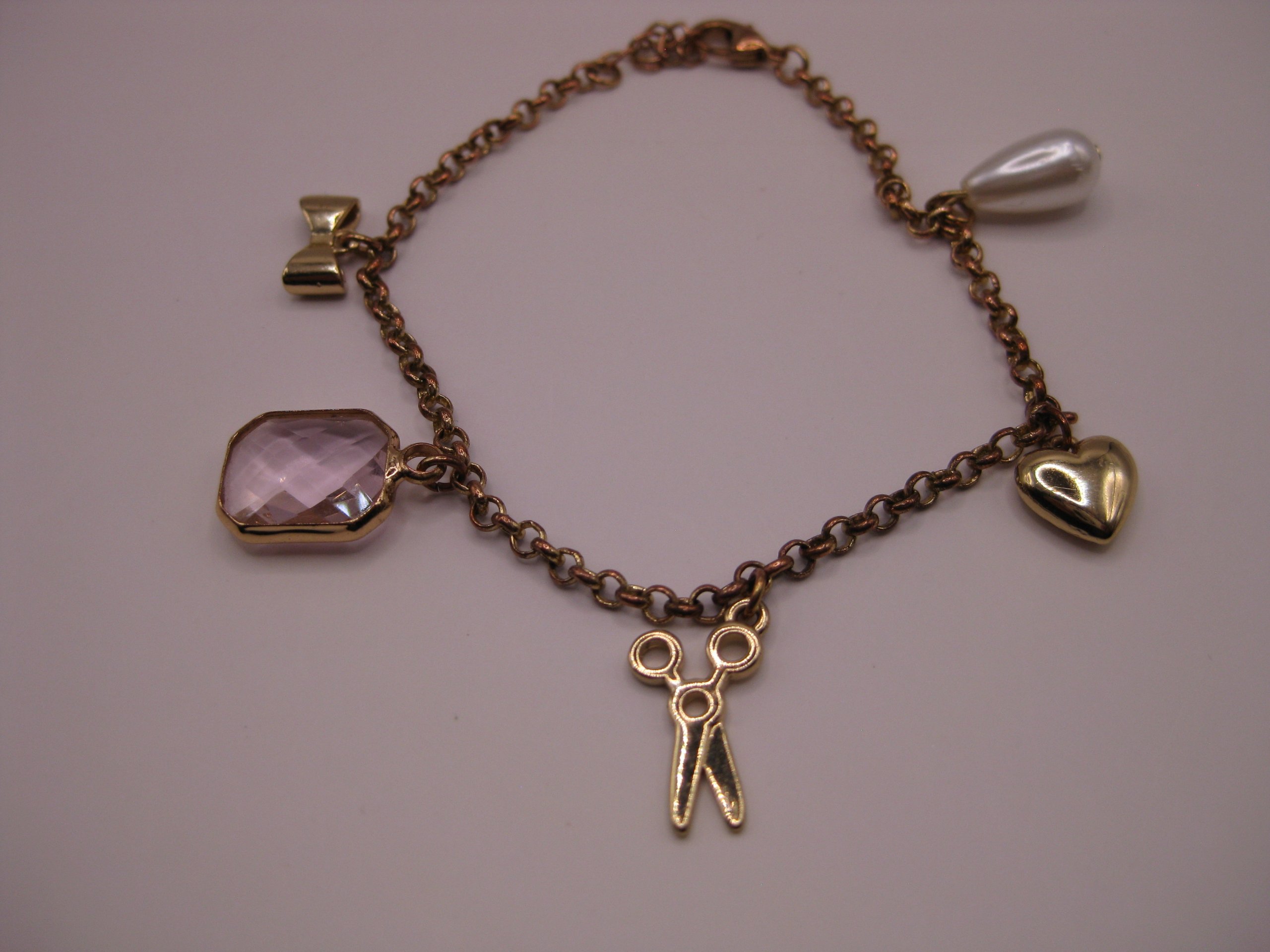Gold Tone Charm Bracelet with Pink Gem & Pearl image 7
