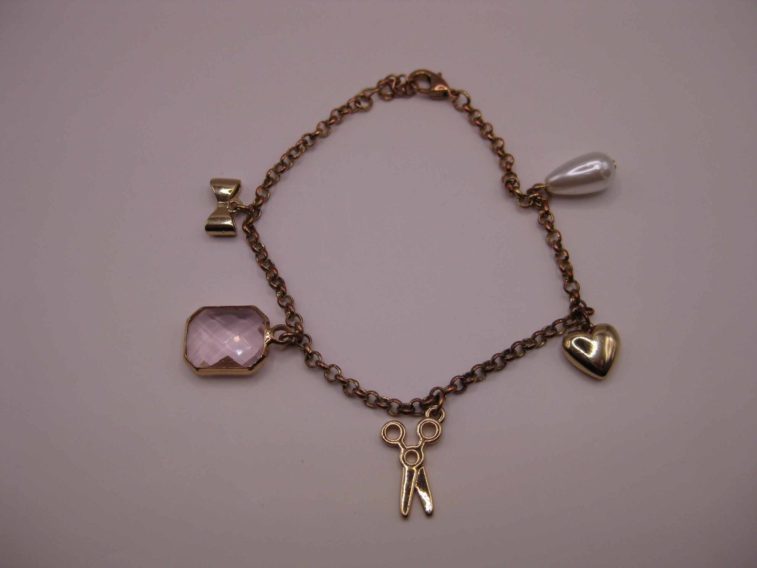 Gold Tone Charm Bracelet with Pink Gem & Pearl image 9