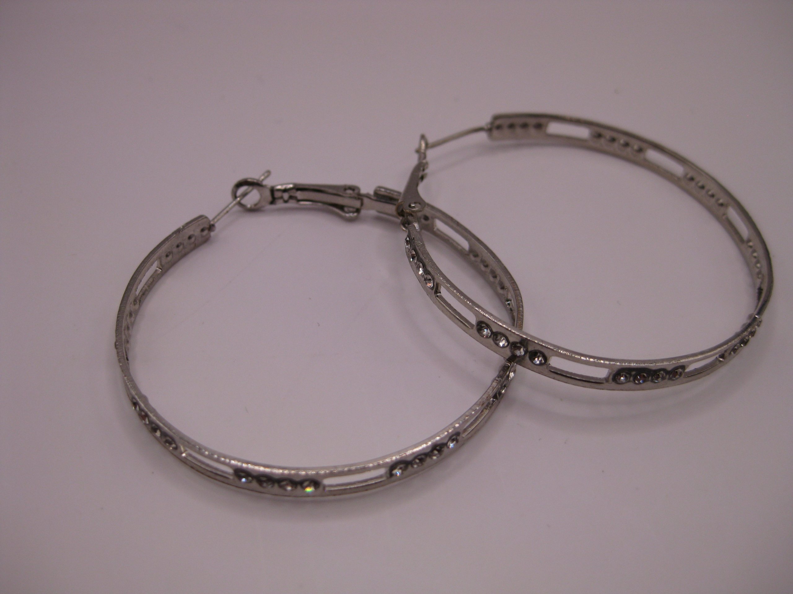 Silver Tone Hoop Earrings with Rhinestones Unisex