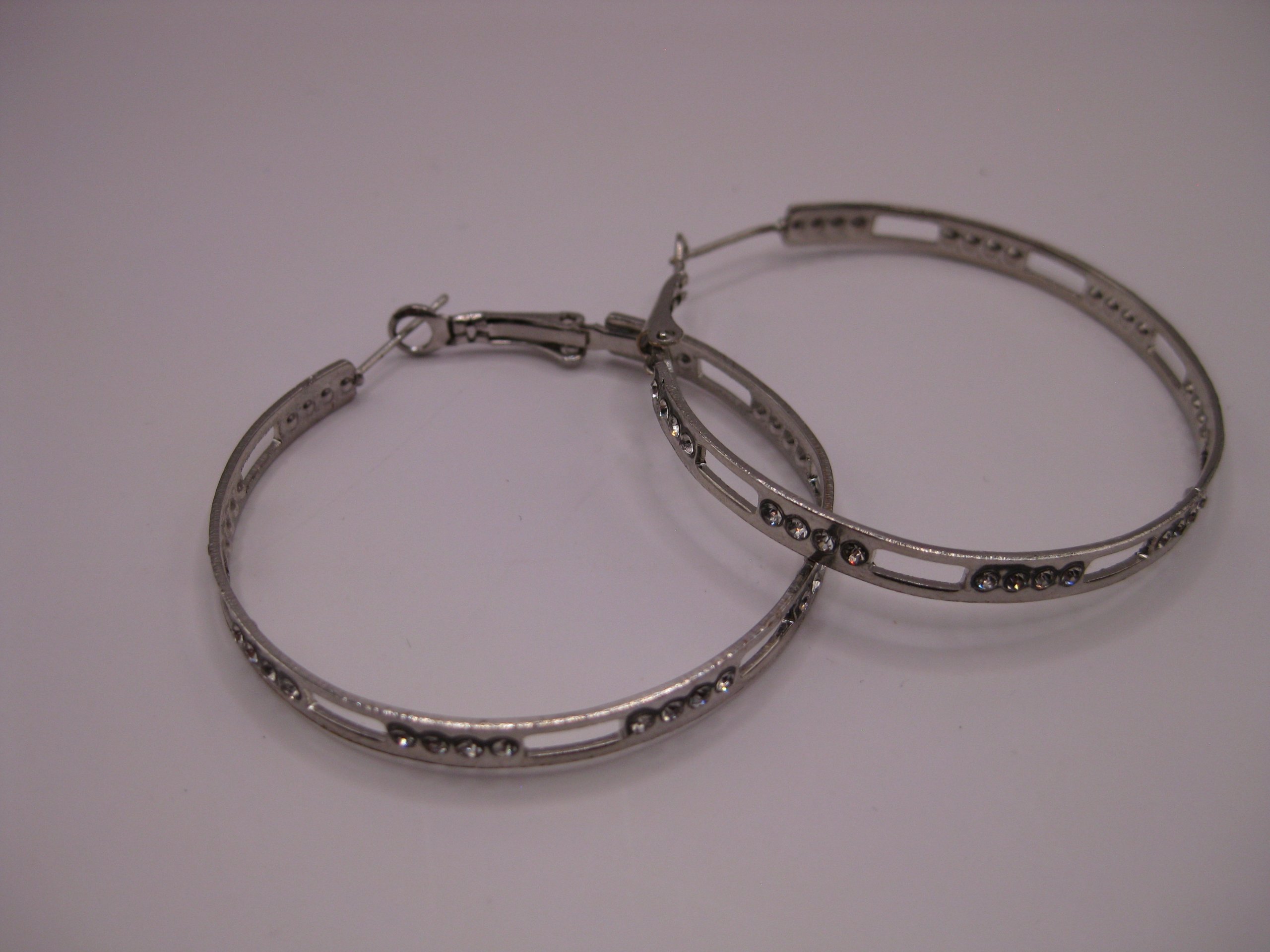 Silver Tone Hoop Earrings with Rhinestones Unisex image 2