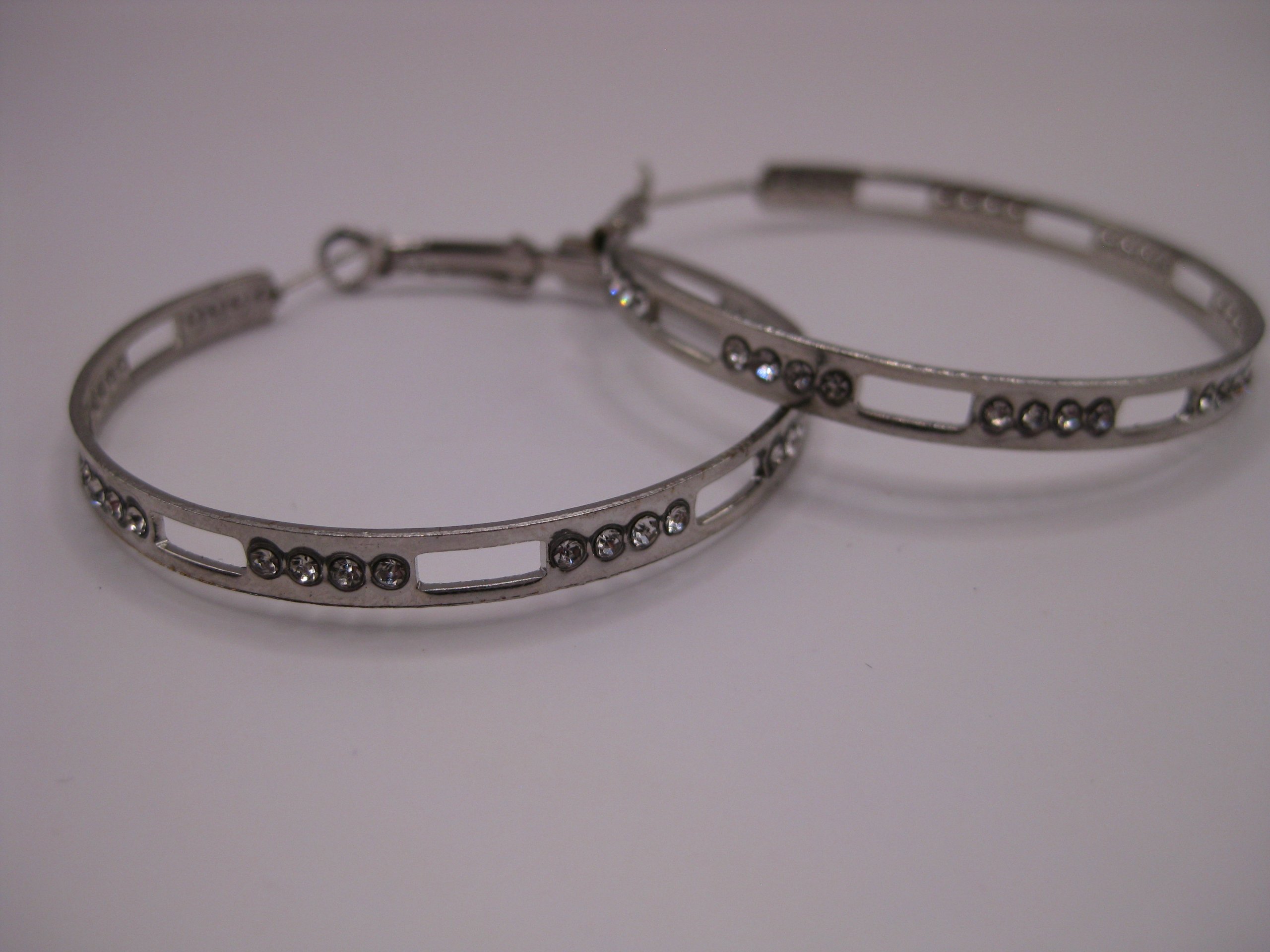 Silver Tone Hoop Earrings with Rhinestones Unisex image 3