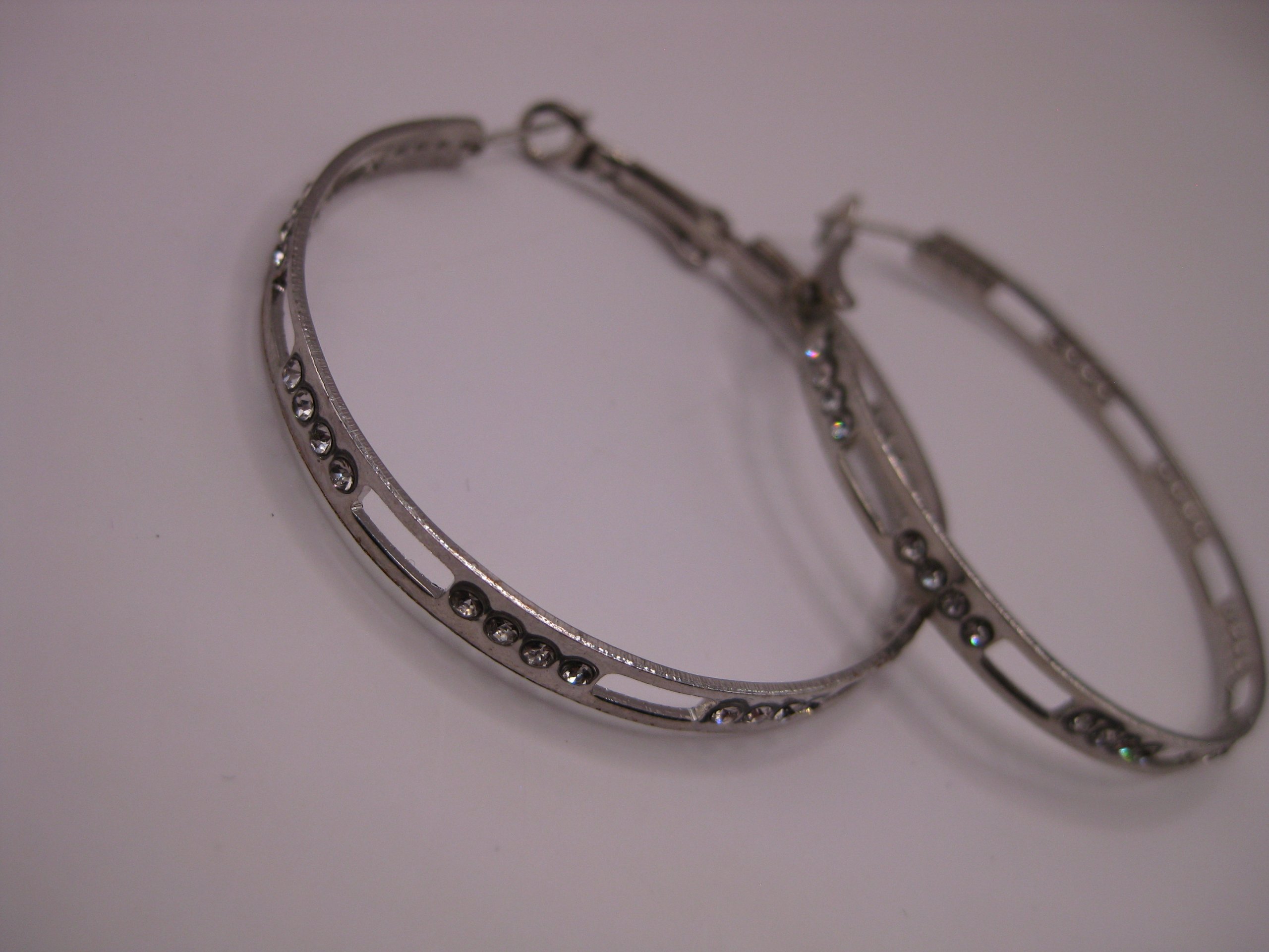Silver Tone Hoop Earrings with Rhinestones Unisex image 4