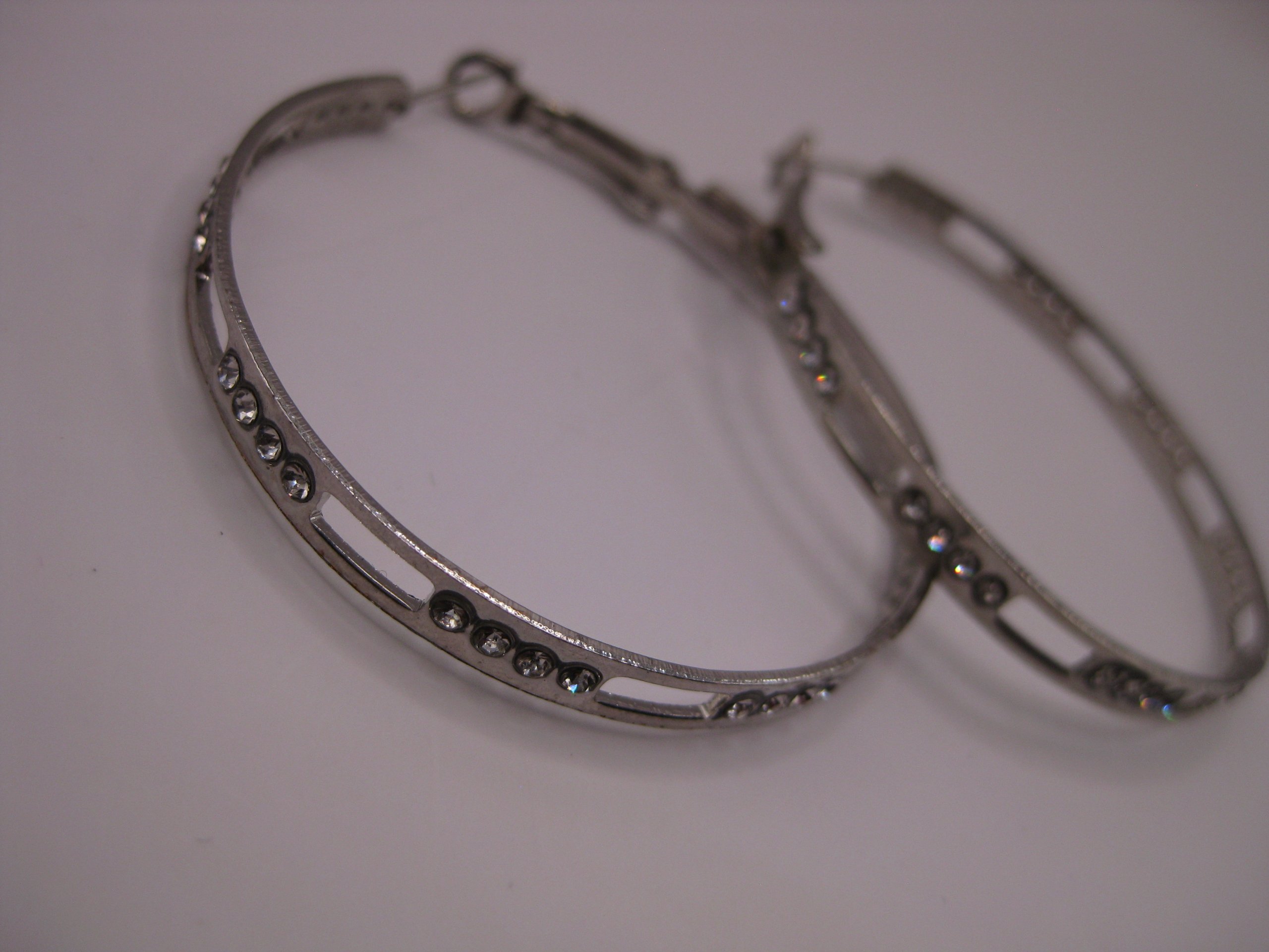 Silver Tone Hoop Earrings with Rhinestones Unisex image 5